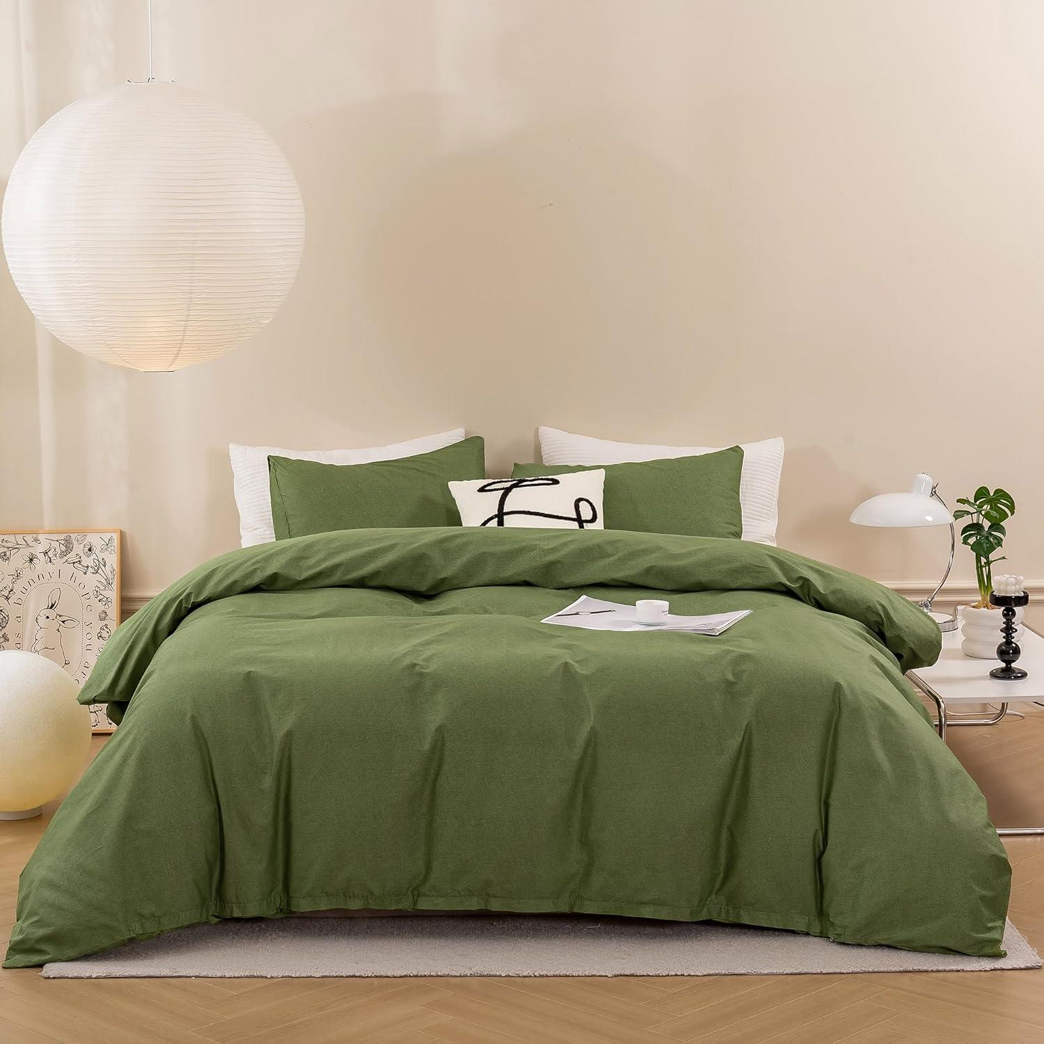 Olive Green 3-Piece Washed Cotton Queen Duvet Cover Set