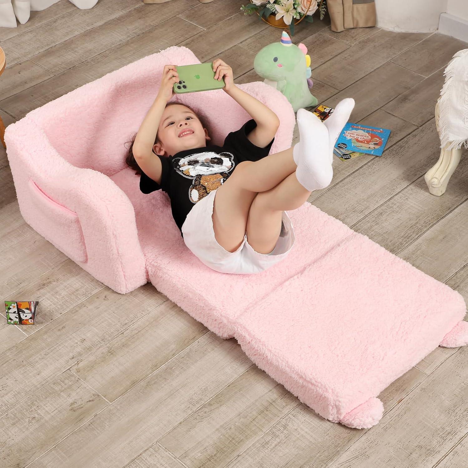 Pink Sherpa 2-in-1 Kids Folding Couch and Lounger