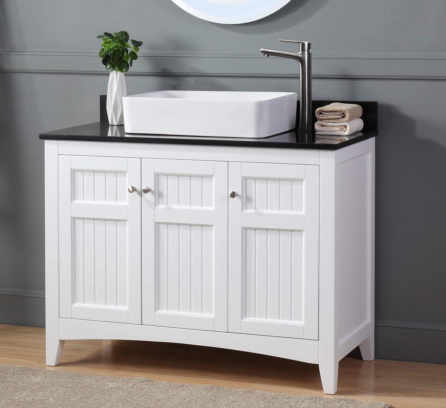 42" White Wood Freestanding Bathroom Vanity with Black Granite Top