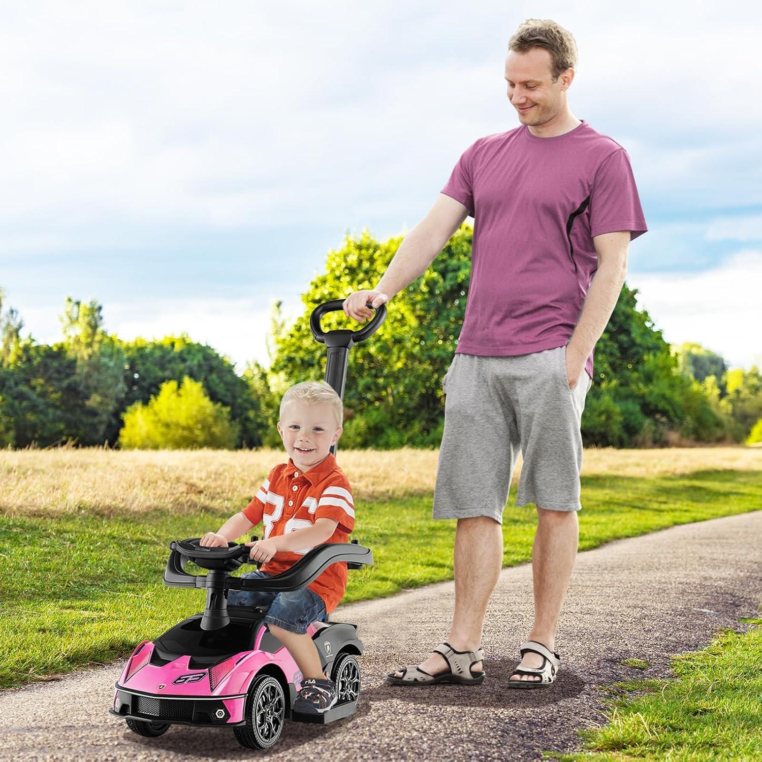 Costway 3-in-1 Licensed Lamborghini Ride on Push Car Stroller Sliding Car w/ Sound Pink