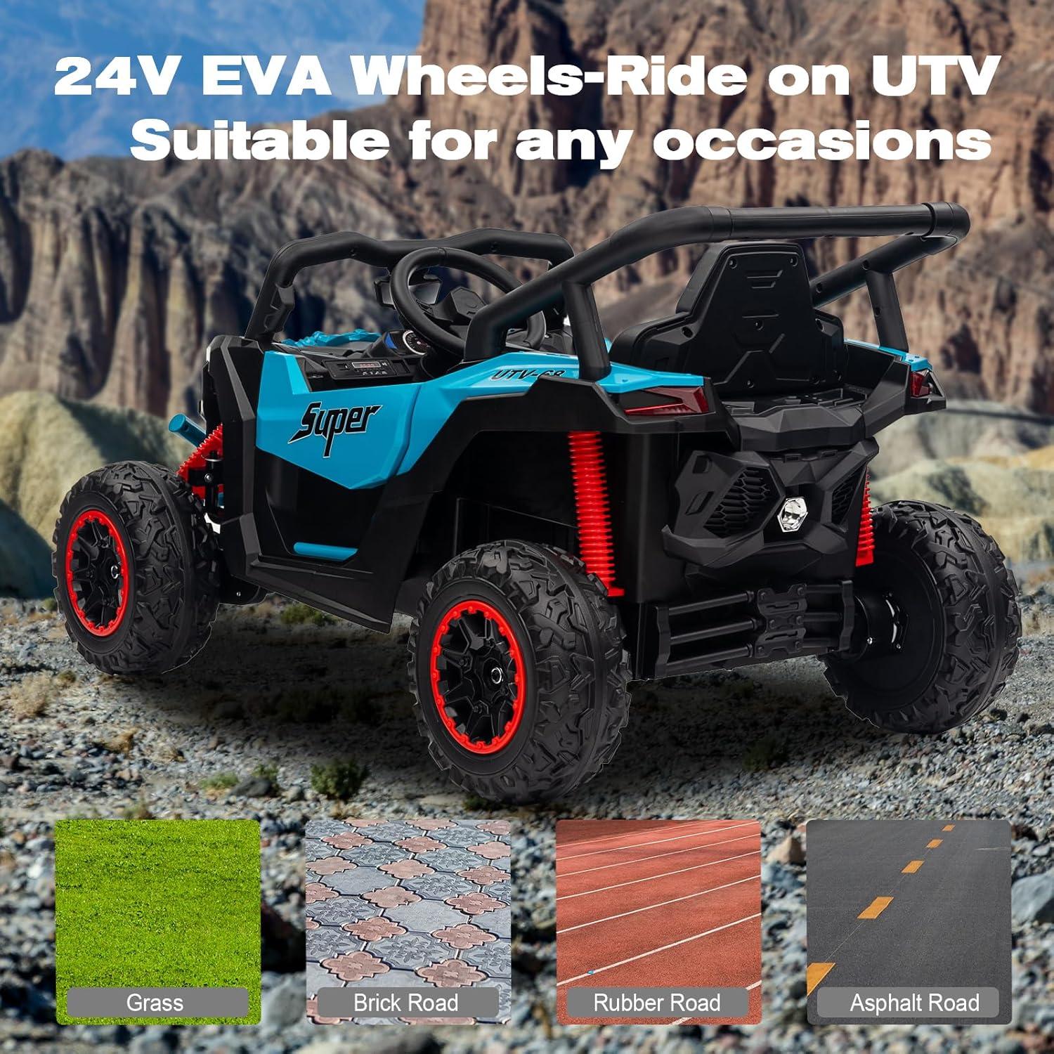 iYofe 24V Ride on Toys for Kids, Large Seat Ride on UTV Cars with Remote Control, Battery Powered Kids Car Electric Vehicle with 3 Speed, Bluetooth Music, 4 Wheels Spring Suspension, Blue