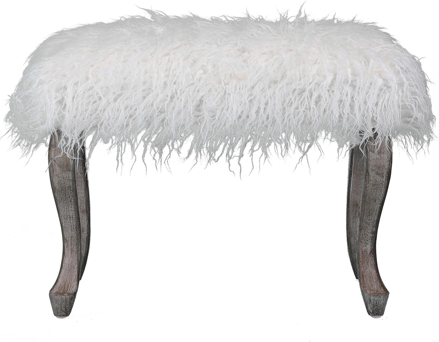 Harlow 26" White Faux Fur Rectangular Footstool with Wood Legs