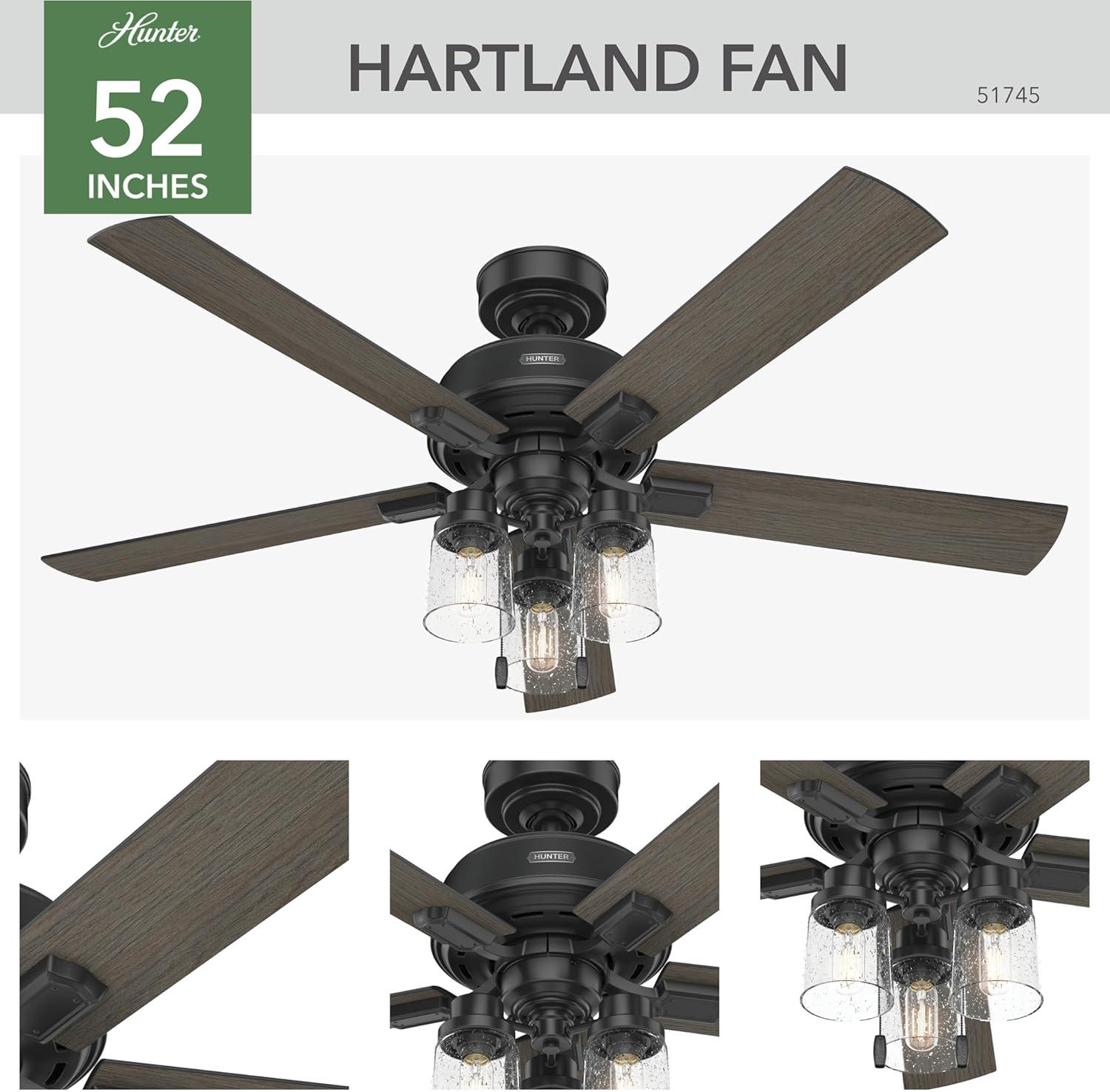 Hunter - Hartland Indoor Ceiling Fan With Light, 52-inch, Matte Black, Casual-style, 3-speed WhisperWind Motor, 51745, for living rooms, bedrooms, home offices, kitchens