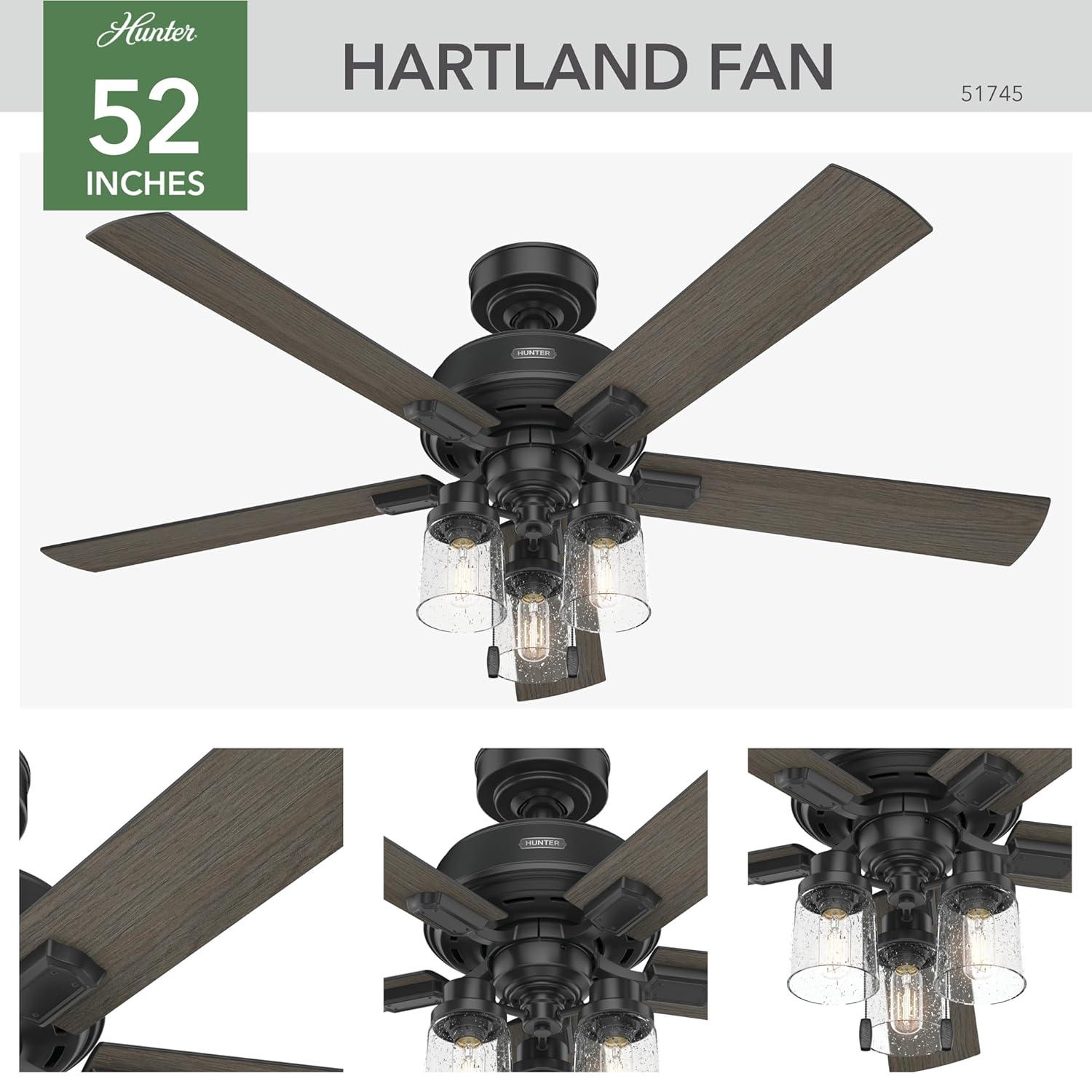 Hunter - Hartland Indoor Ceiling Fan With Light, 52-inch, Matte Black, Casual-style, 3-speed WhisperWind Motor, 51745, for living rooms, bedrooms, home offices, kitchens