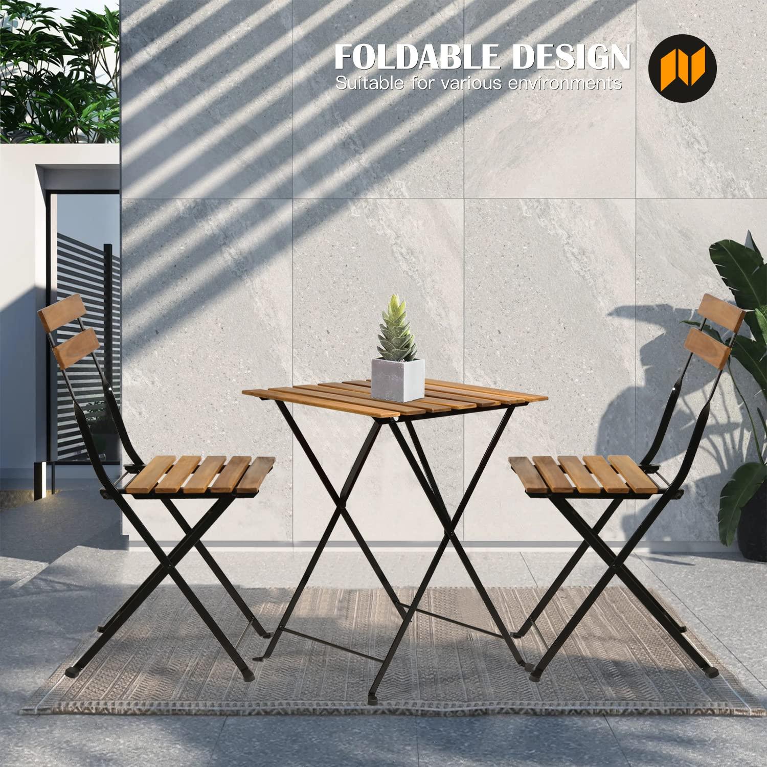 MKDLUFEI Outdoor Wood Folding Bistro Set Lightweight and Portable 3 Piece Patio Set Small Patio Furniture Set for Lawn Balcony Backyard Yard Bistro Apartment Nature…