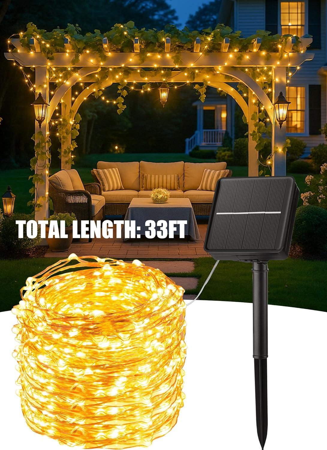 Minetom Solar String Lights for Outside, 33Ft 100 LED Outdoor Solar Fairy Lights, 8 Modes Balcony Lights for Tree Patio Christmas Party Wedding Decor (Warm White)
