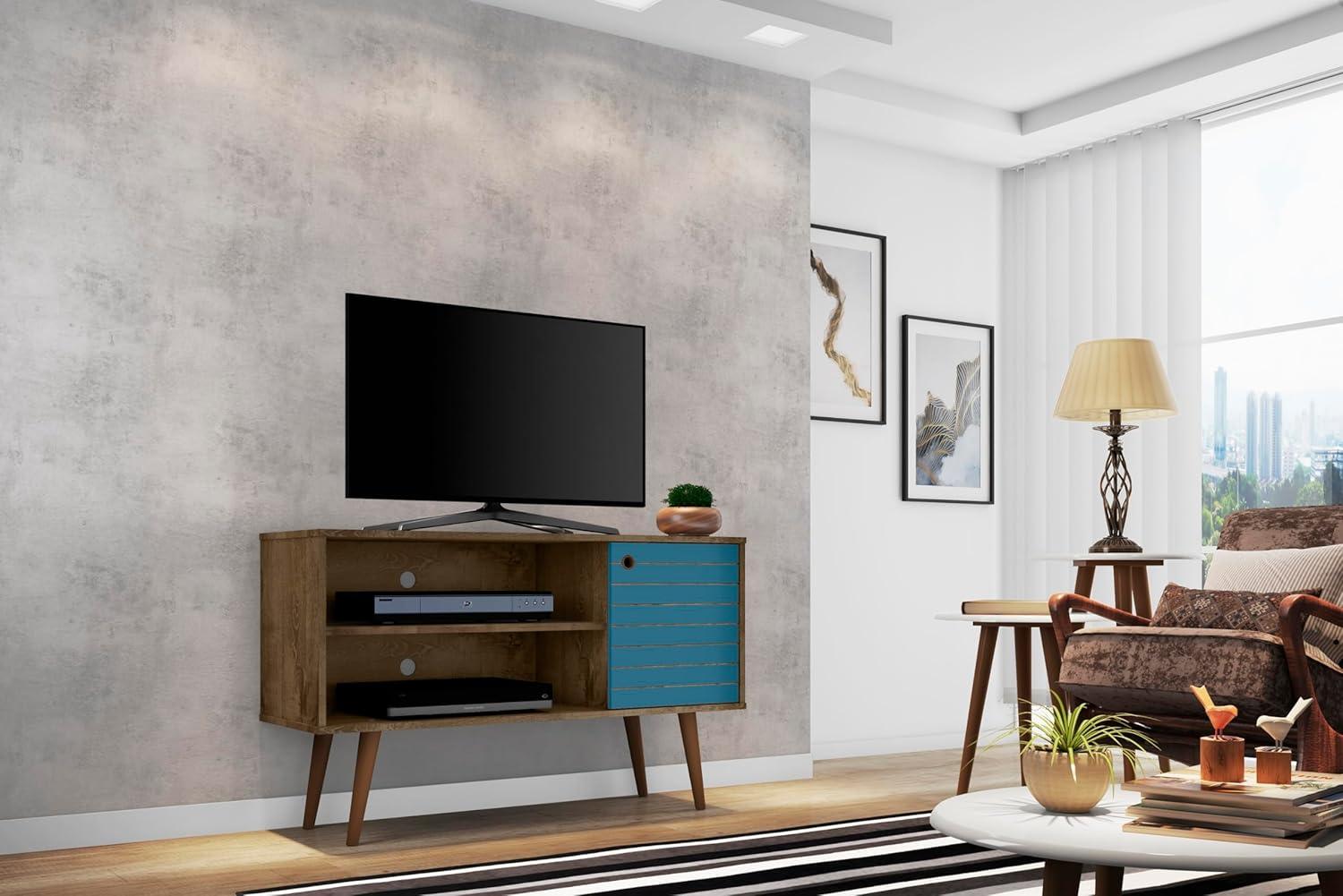 Liberty Mid-Century Modern 2 Shelves and 1 Door TV Stand for TVs up to 46" Rustic Brown/Aqua Blue - Manhattan Comfort