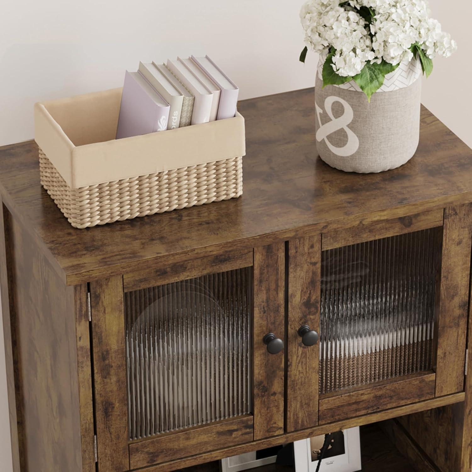 Freestanding Floor Linen Storage Cabinet with Glass Doors & Adjustable Shelves, Standing Cupboard for Bathroom, Kitchen, Living Room, Vintage