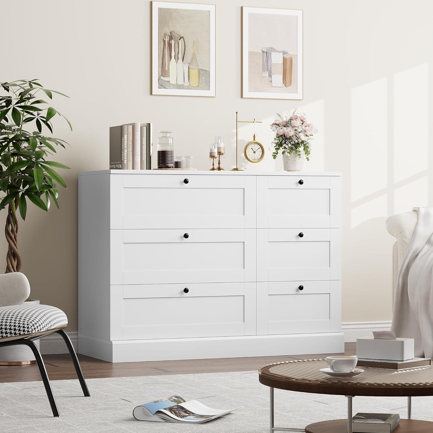 White Modern 6-Drawer Wood Dresser with Black Knobs