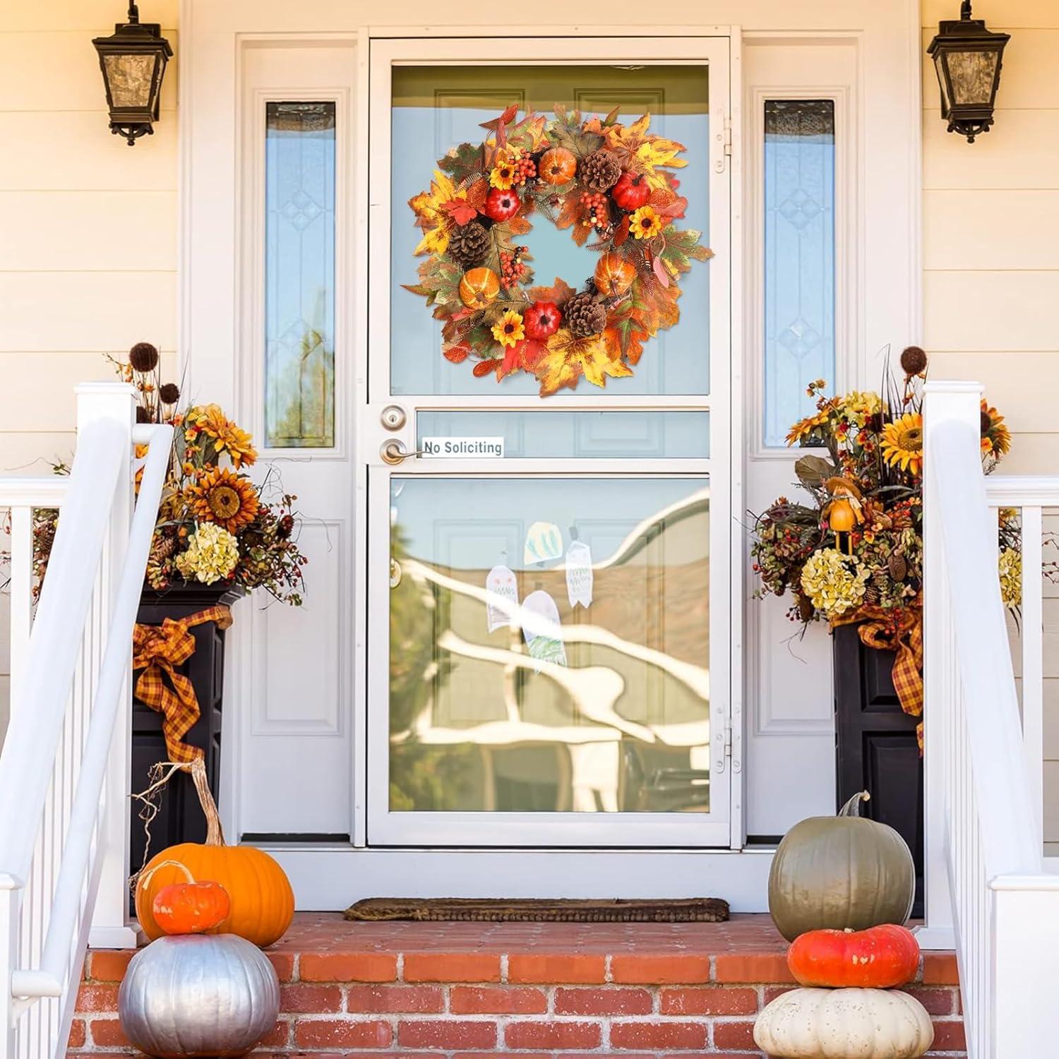 Fall Wreath 20’’ Autumn Front Door Wreath Harvest Wreath with Sunflower Pumpkins Berries Maple Leaves Daisies for Outside Indoor Home Wall Festival Thanksgiving Autumn Farmhouse Decor