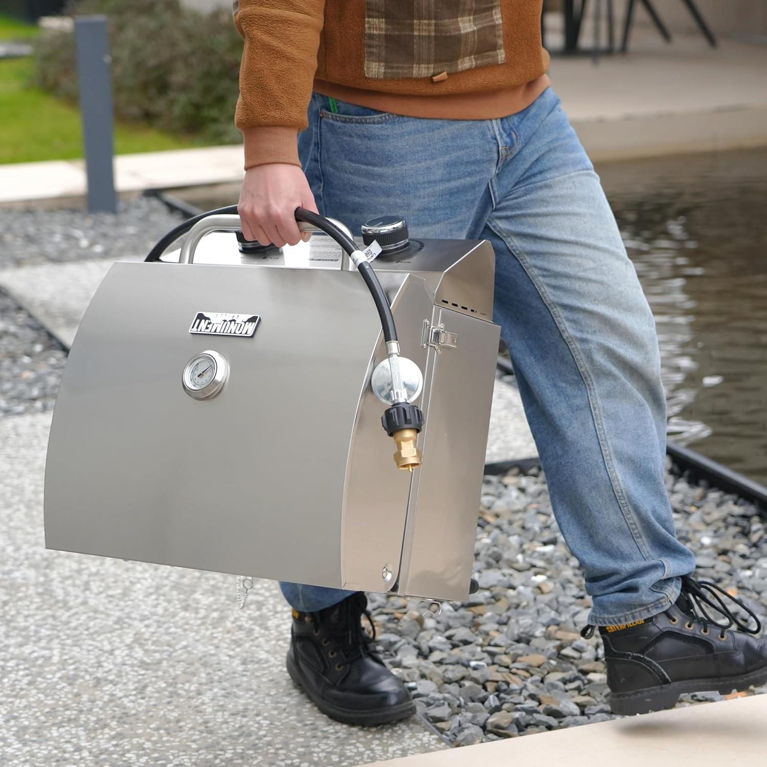 Monument Grills 13742,2-Burner Portable Stainless Steel Tabletop Propane Gas Grill with High Lid and Travel Locks, 15,000 BTU – Perfect for Family BBQs