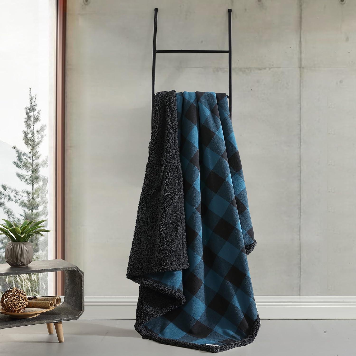 Blue and Black Reversible Sherpa Fleece Throw Blanket