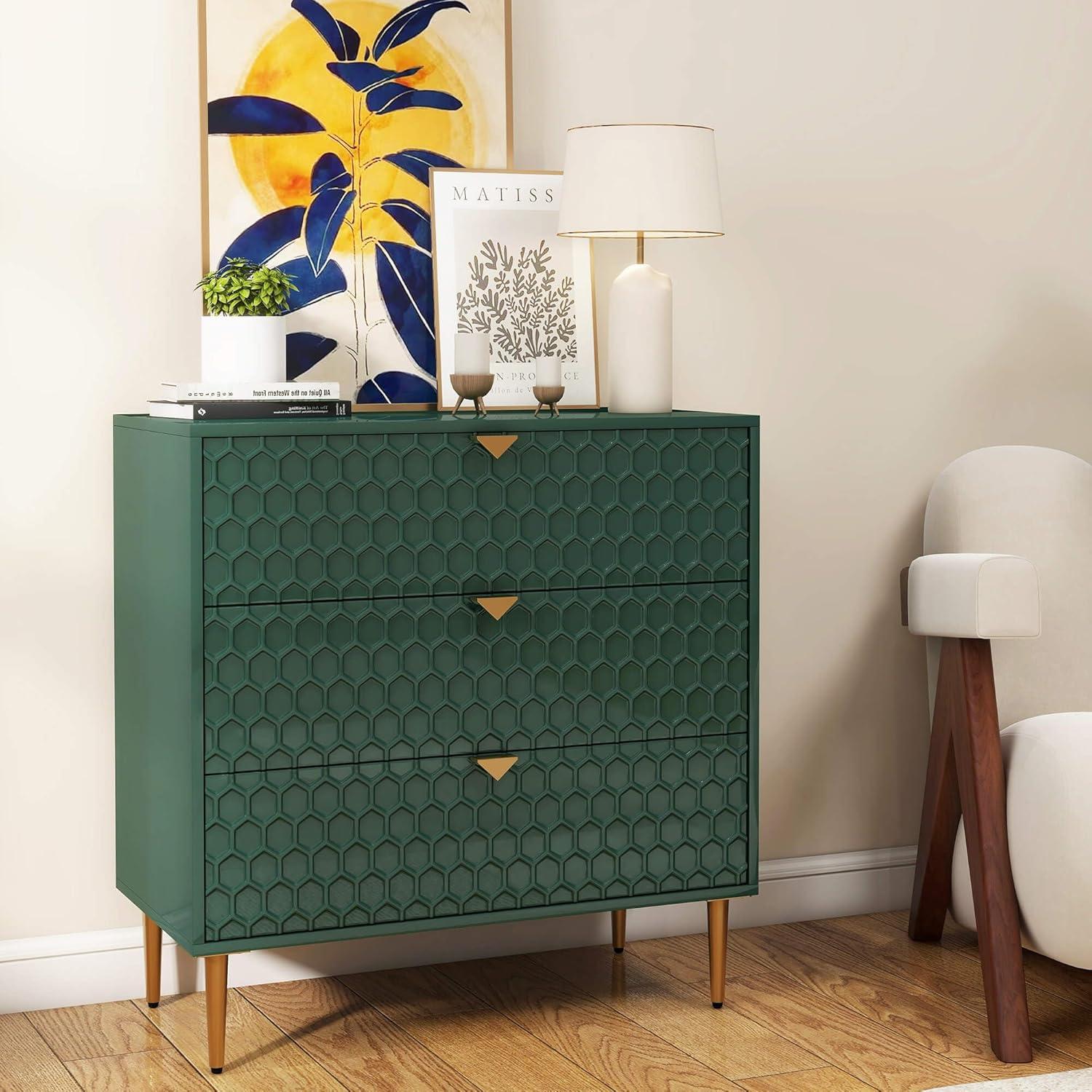 Mondawe Accent Cabinet with 3 Drawers, Free Standing Sideboard Buffet Cabinet with Storage, Modern Storage Cabinet for Dining Room Hallway Office Entryway,Green