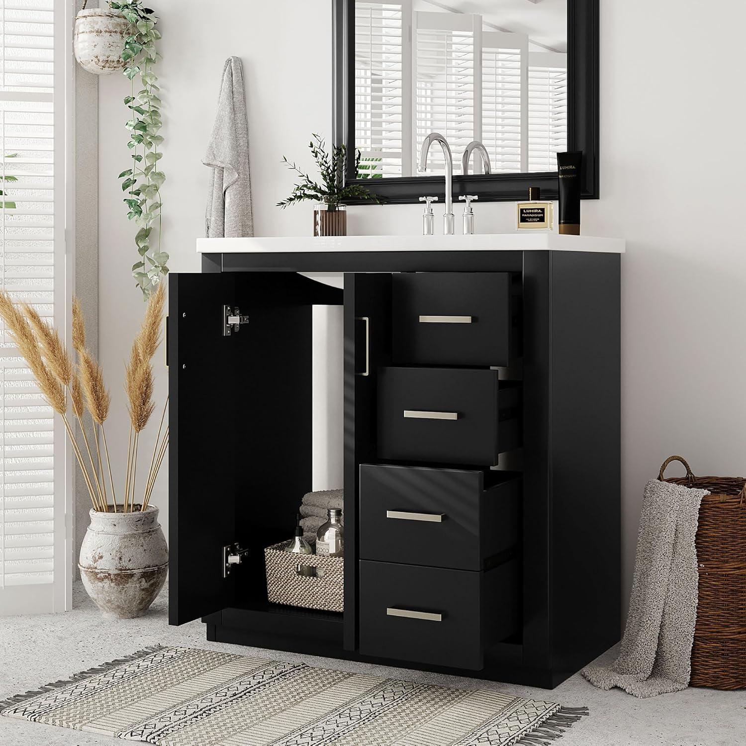 30" Bathroom Vanity with Single Sink, Modern Bathroom Vanity with 3 Drawers & 2 Doors, Solid Wood Bathroom Storage Cabinet with Undermount Sink, Black