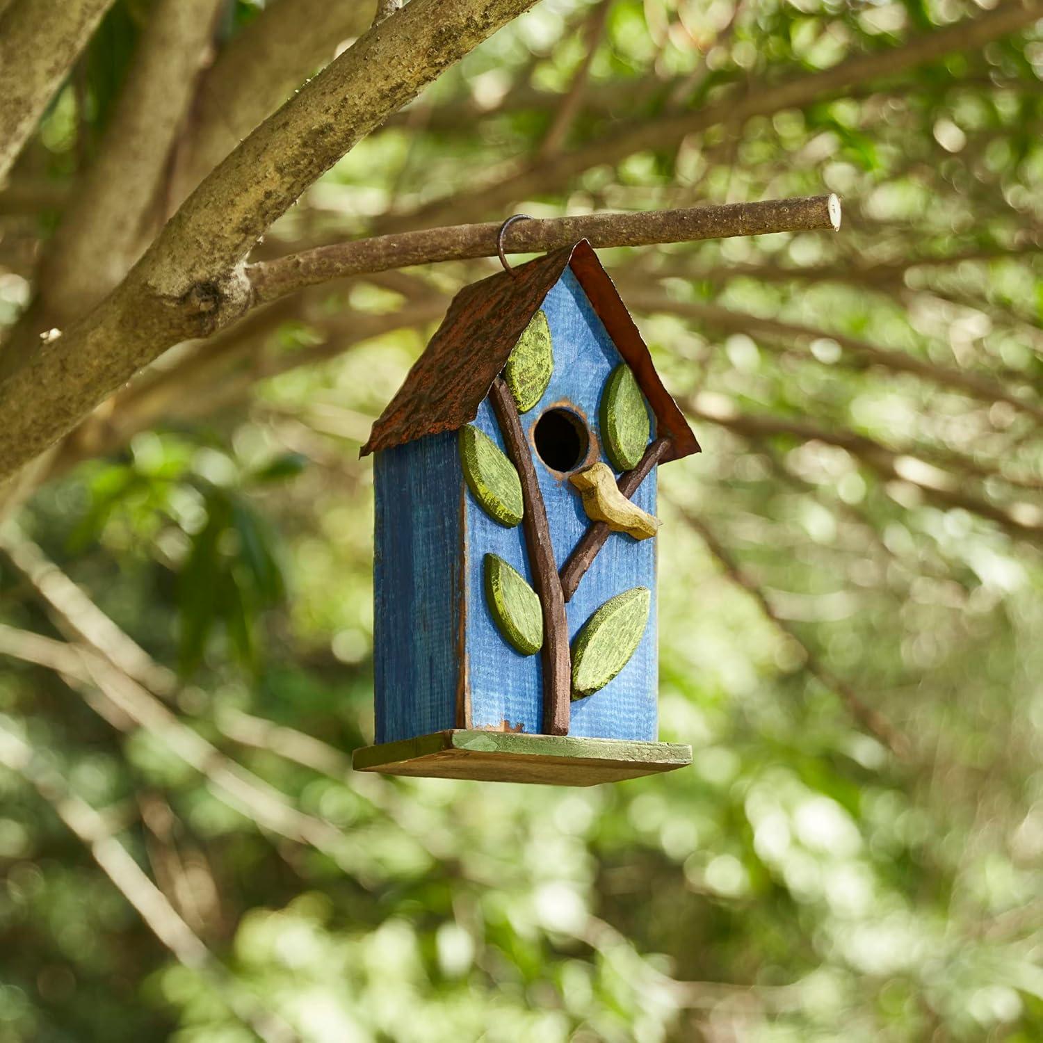 Distressed Blue Wooden Birdhouse with Leaf Accents