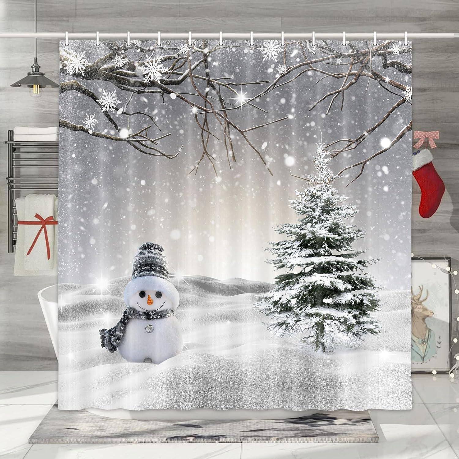 Farmhouse Winter Christmas Shower Curtain, Cute Snowman Snow Forest Pine Tree Scene Shower Curtain For Bathroom Rustic Xmas Snowflake Holiday Gray Bathroom Accessories Polyester 72"X72" With Hooks