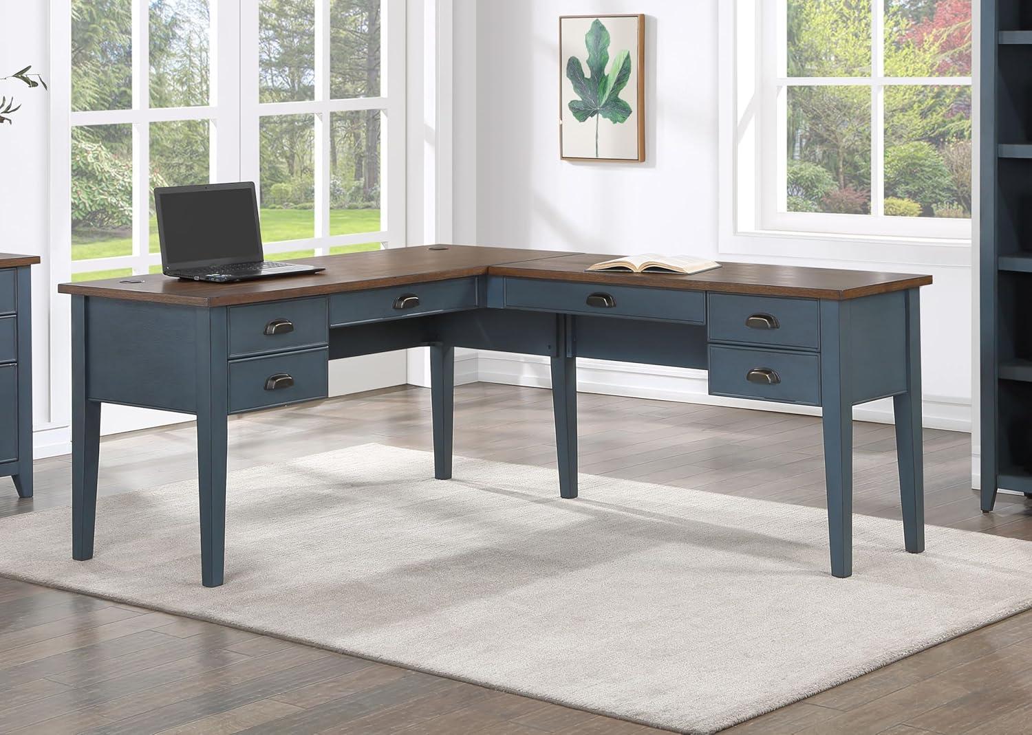 Open L-Shaped Pedestal Writing Desk Blue - Fairmont Collection - Martin Furniture: Wood, Charging Station, USB Port