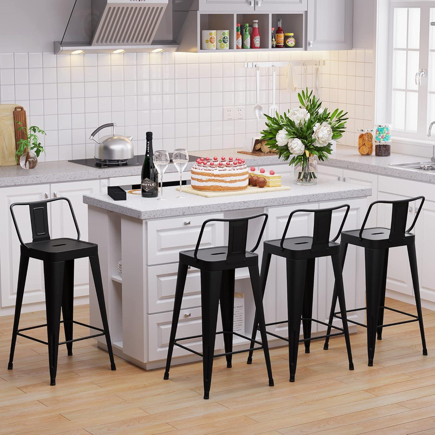 Andeworld 24" Bar Stools Set of 4,Counter Height Bar Stools with Larger Seat,Bar Stools with Back,Black Metal Bar Stools with Removable Back,Farmhouse Bar Stools,High Back Kitchen Bar Stools Chair