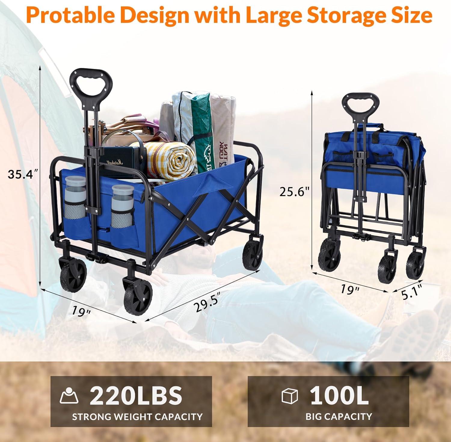 Blue Heavy-Duty Folding Utility Wagon with Adjustable Handle