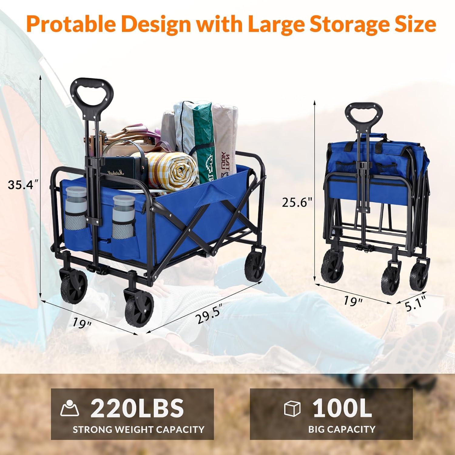 Clearance! Outdoor Utility Wagon Cart with Cup Holdler, Large Capacity Folding Wagon Garden Shopping Beach Cart,Heavy Duty Foldable Cart, for Outdoor Activities, Beaches, Parks, Camping (Blue)