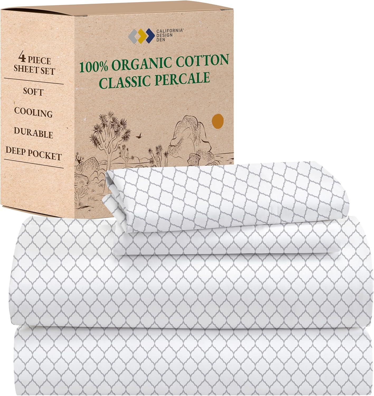 California Design Den 4-Piece Printed Full Sheets Set - 100% Organic Cotton Percale, Deep Pocket, - Quatrefoil Grey