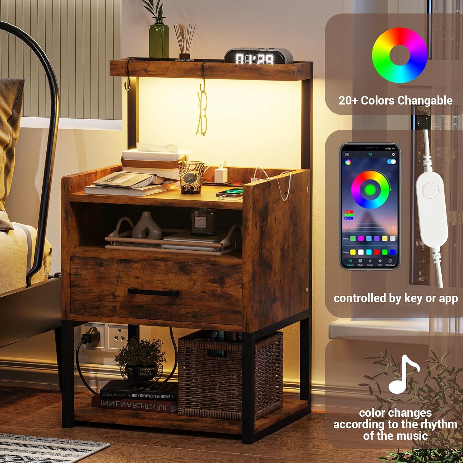 Brown LED Night Stand with Charging Station, Modern Bedside Table for Bedroom