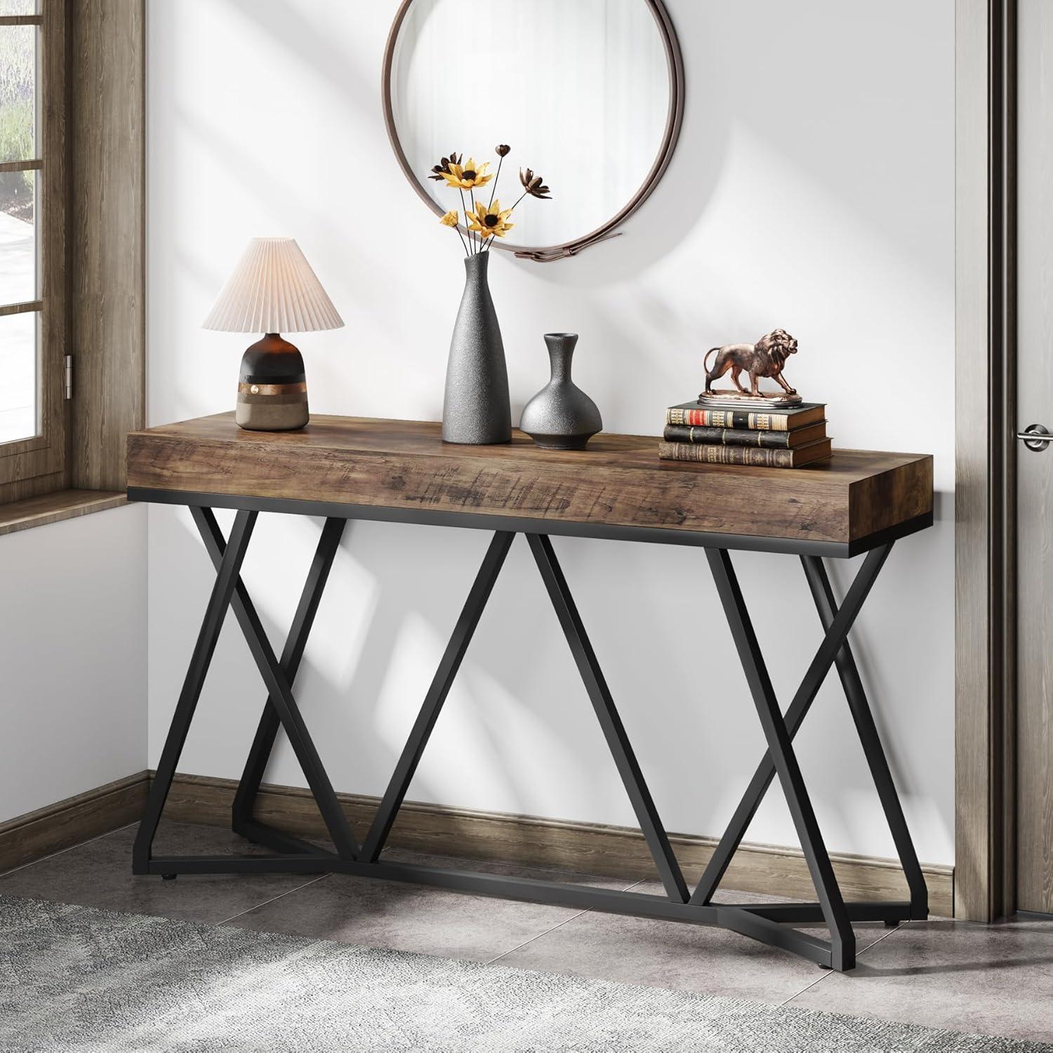 Rustic Brown 55" Wood and Metal Console Table with Storage