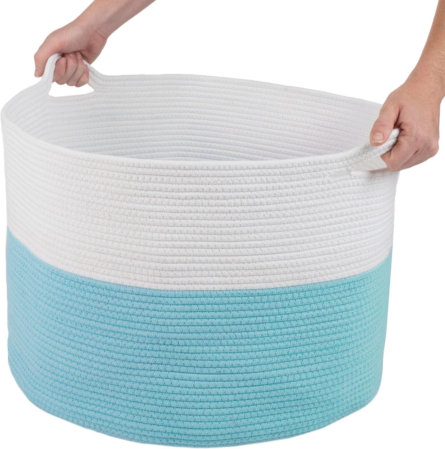 Extra-Large Blue and White Cotton Rope Kids' Storage Basket