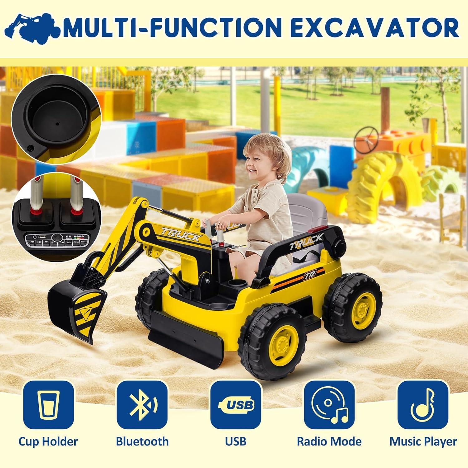 Ride On Excavator for Kids, 4WD Electric Excavator Toy, 12V Battery Powered Construction Truck Digger with Remote Control