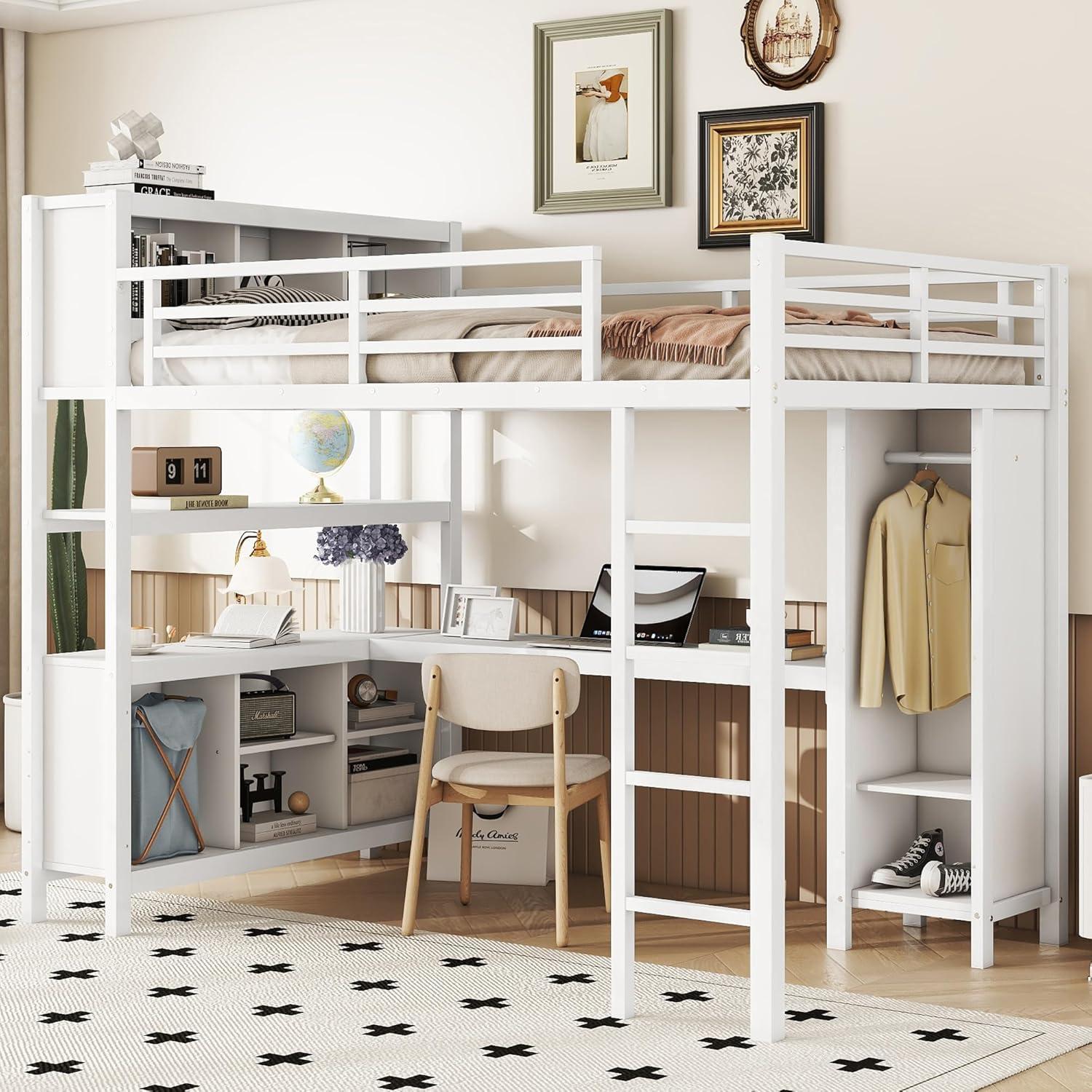 Full Size Metal Loft Bed with Wardrobe and L-Shaped Desk, Heavy-Duty Loft Bed with Storage Cubes and Shelves, White - ModernLuxe
