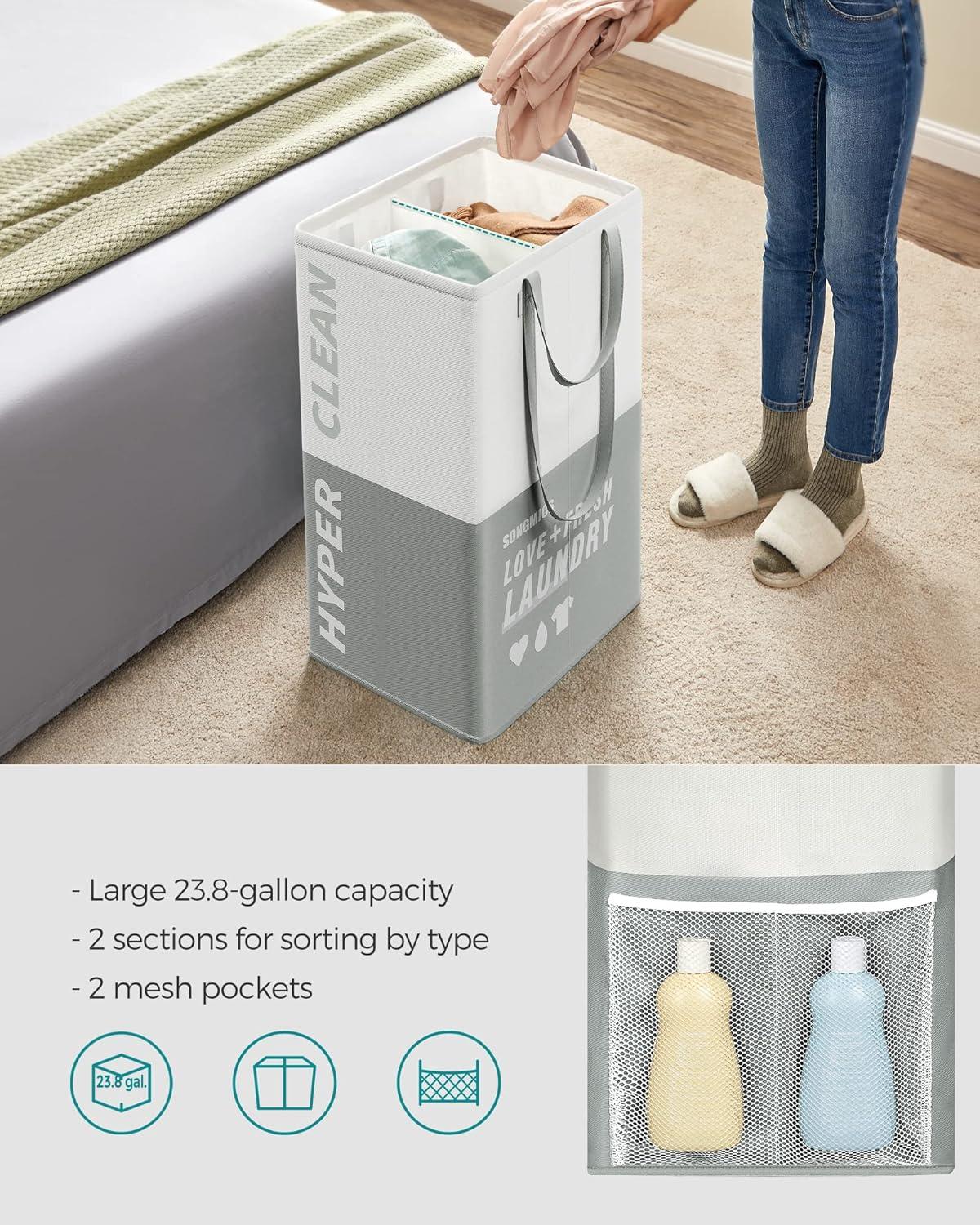 SONGMICS Laundry Baskets, Laundry Hamper with 2 Compartments, 23.8 Gallon (90L) Set of 2 Collapsible Water-Repellent Clothes Hampers, Tall Laundry Bag for Bedroom Bathroom, Light Gray ULCB209G12