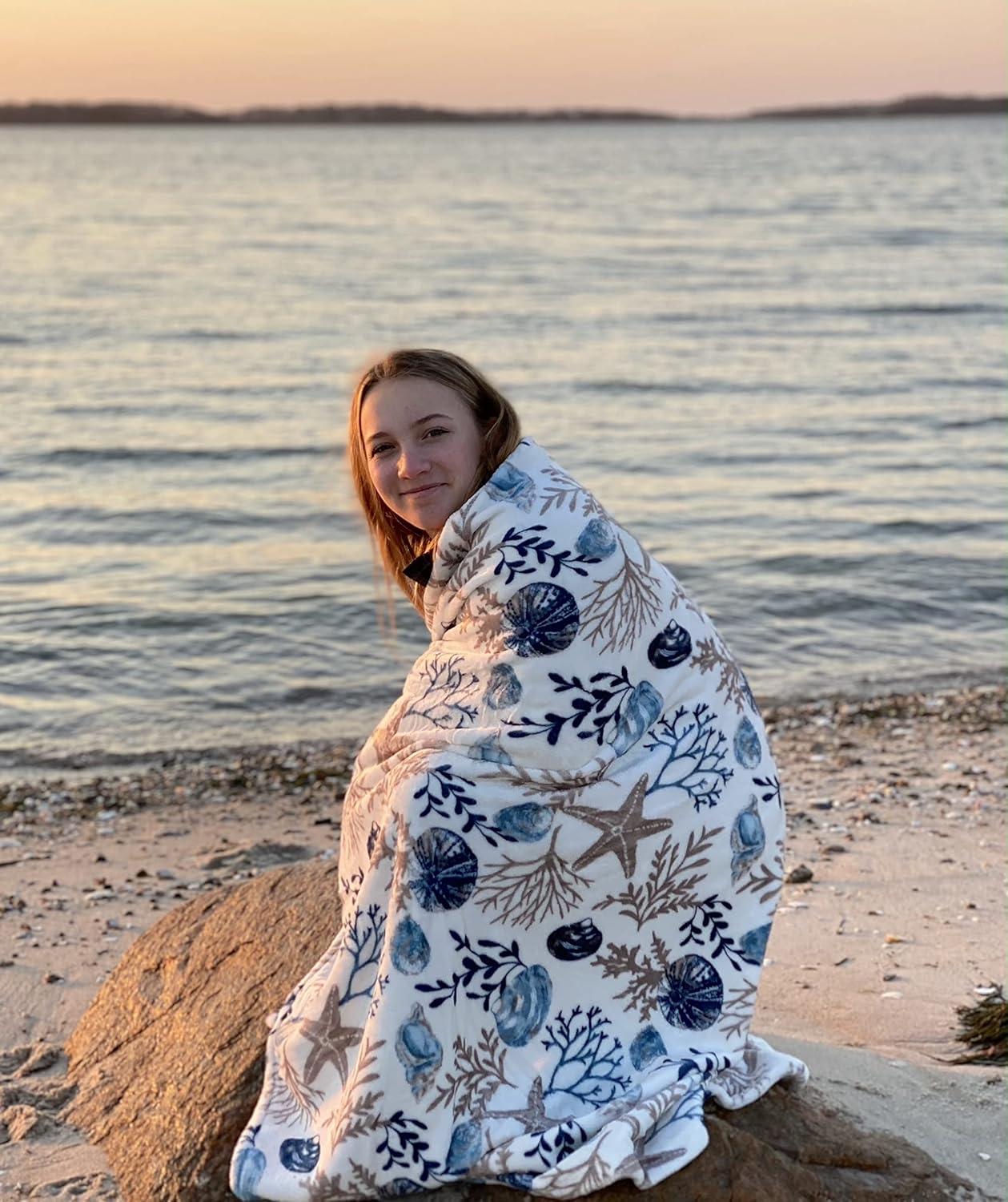 Coastal Ocean Blue and Gray Fleece Throw Blanket