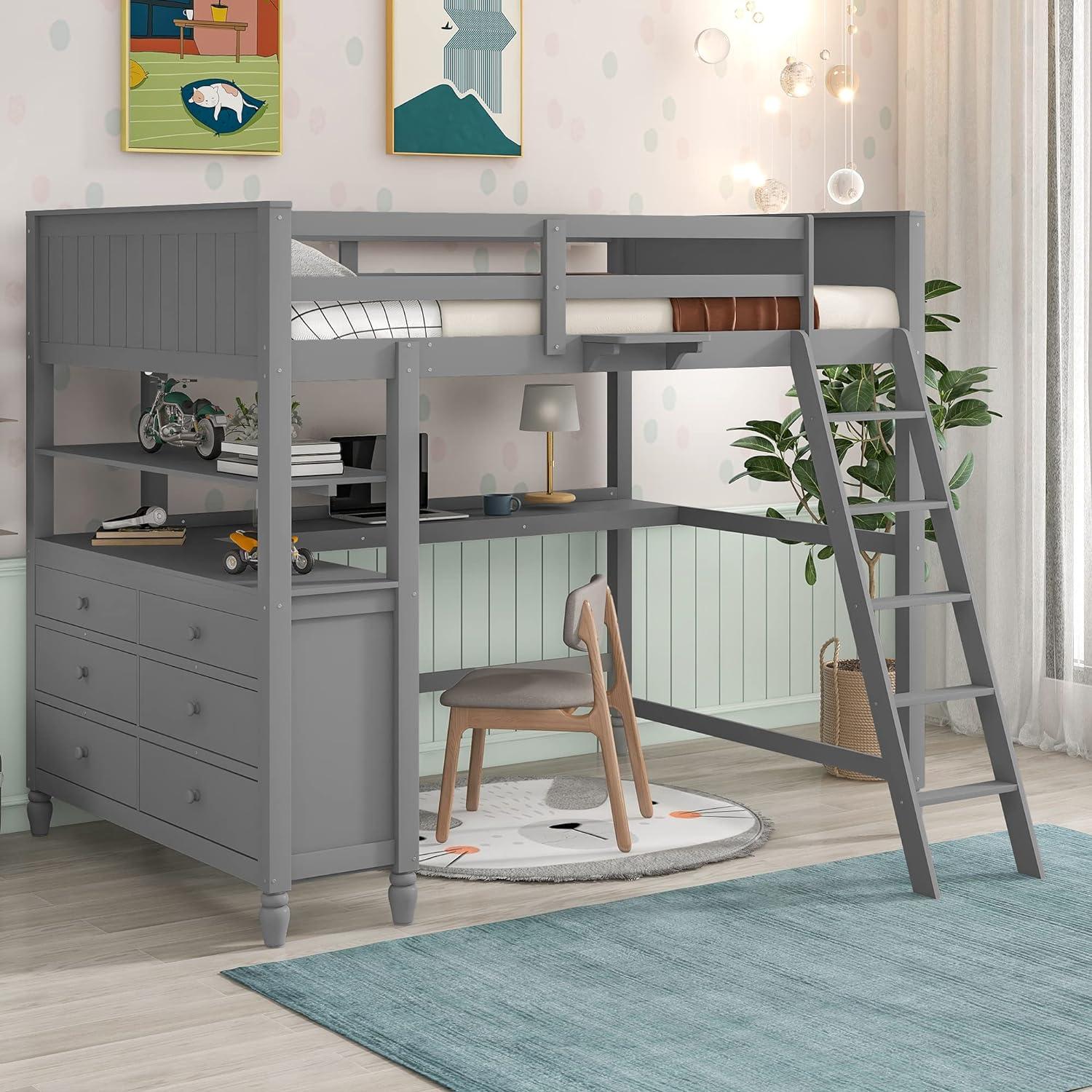 Full Size Loft Bed with Desk and Storage Drawers, Wood Loft Bed Frame with Shelves and Ladder for Kids Adults Boys Girls Teens, Gray
