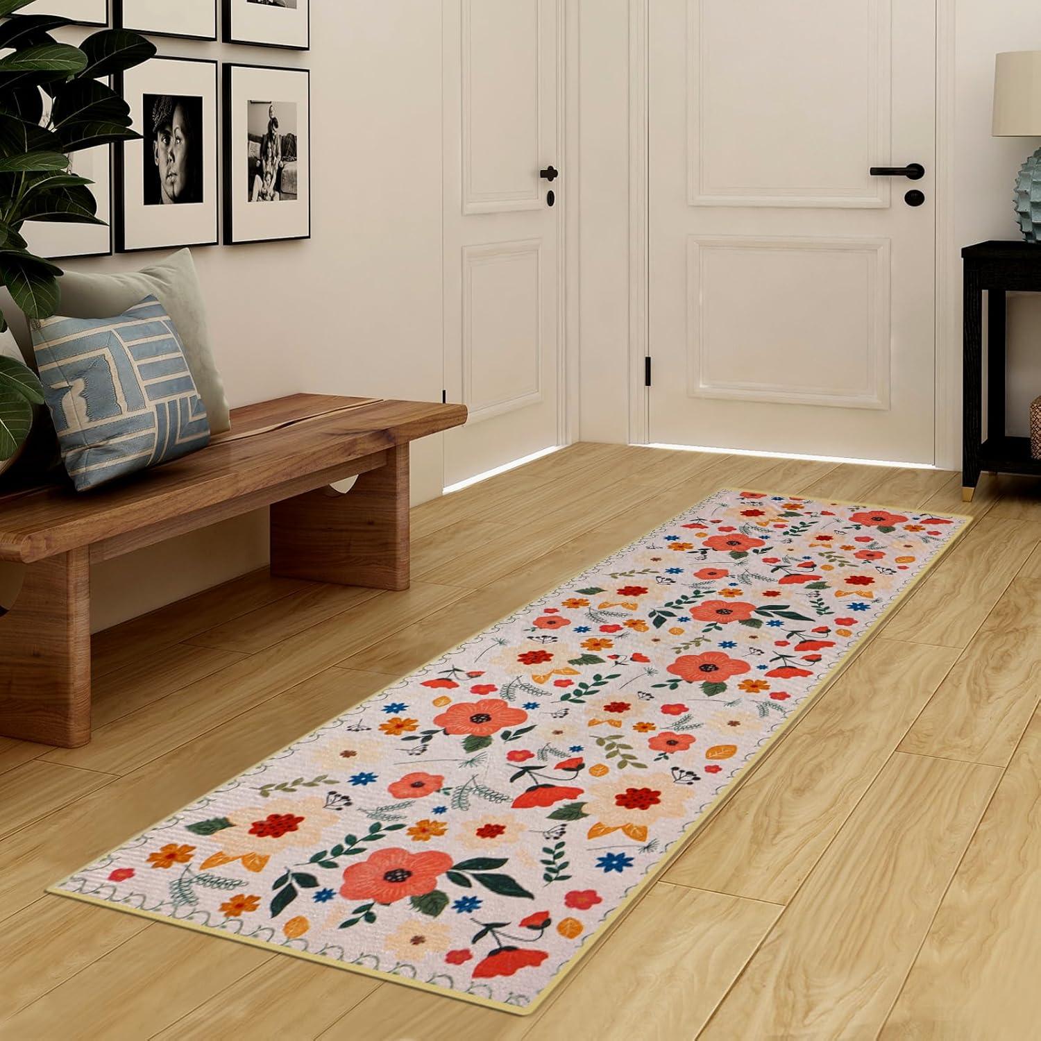 Elegant Floral Rug Hallway Runner Rug- 2 x 6 ft,Non Slip Washable Runner Rugs with Rubber Backing Soft Flowers Carpet Runner for Bedroom Kitchen Dining Room Laundry-Cream