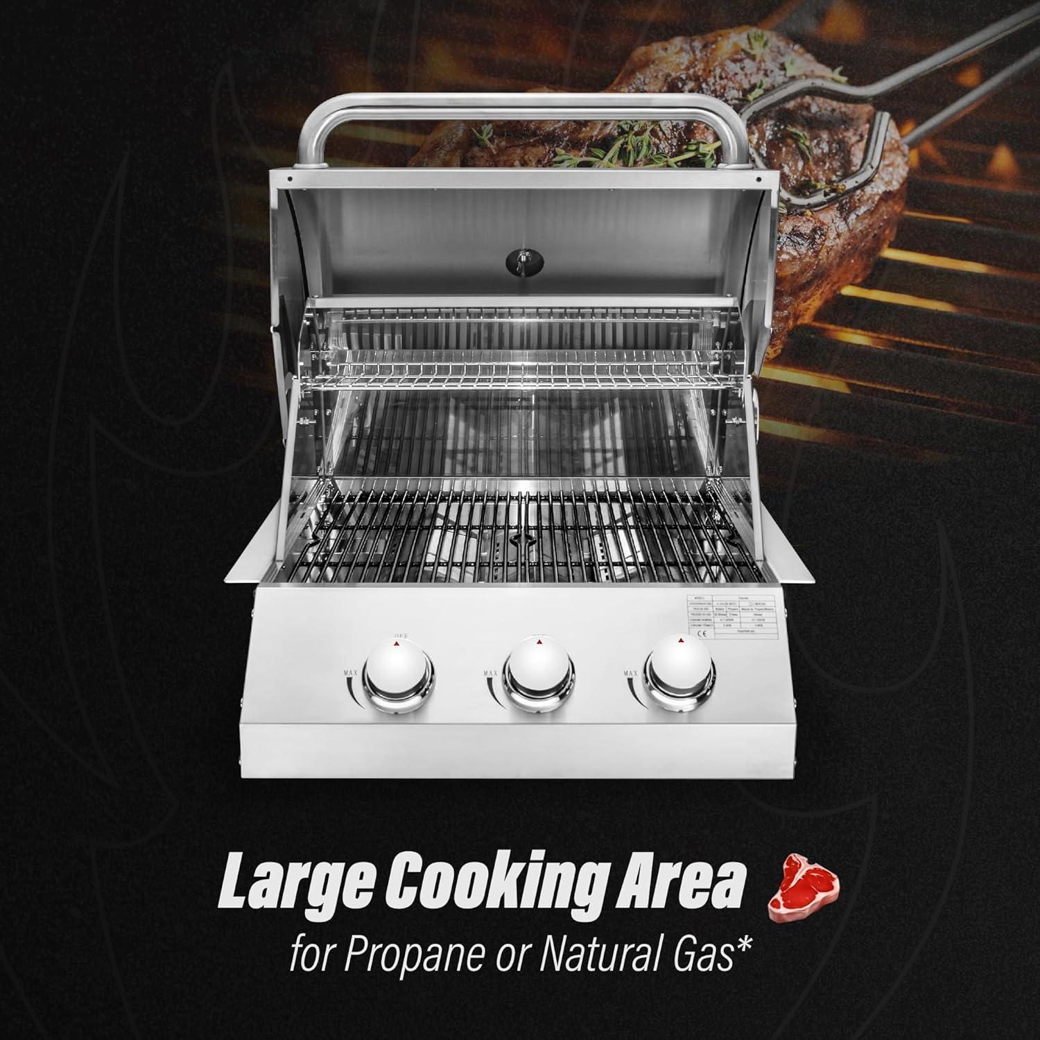 Chaleur Grill Outdoor 23" 3-Burner Built-in Propane Gas Grill, 30000 BTU, Stainless Steel