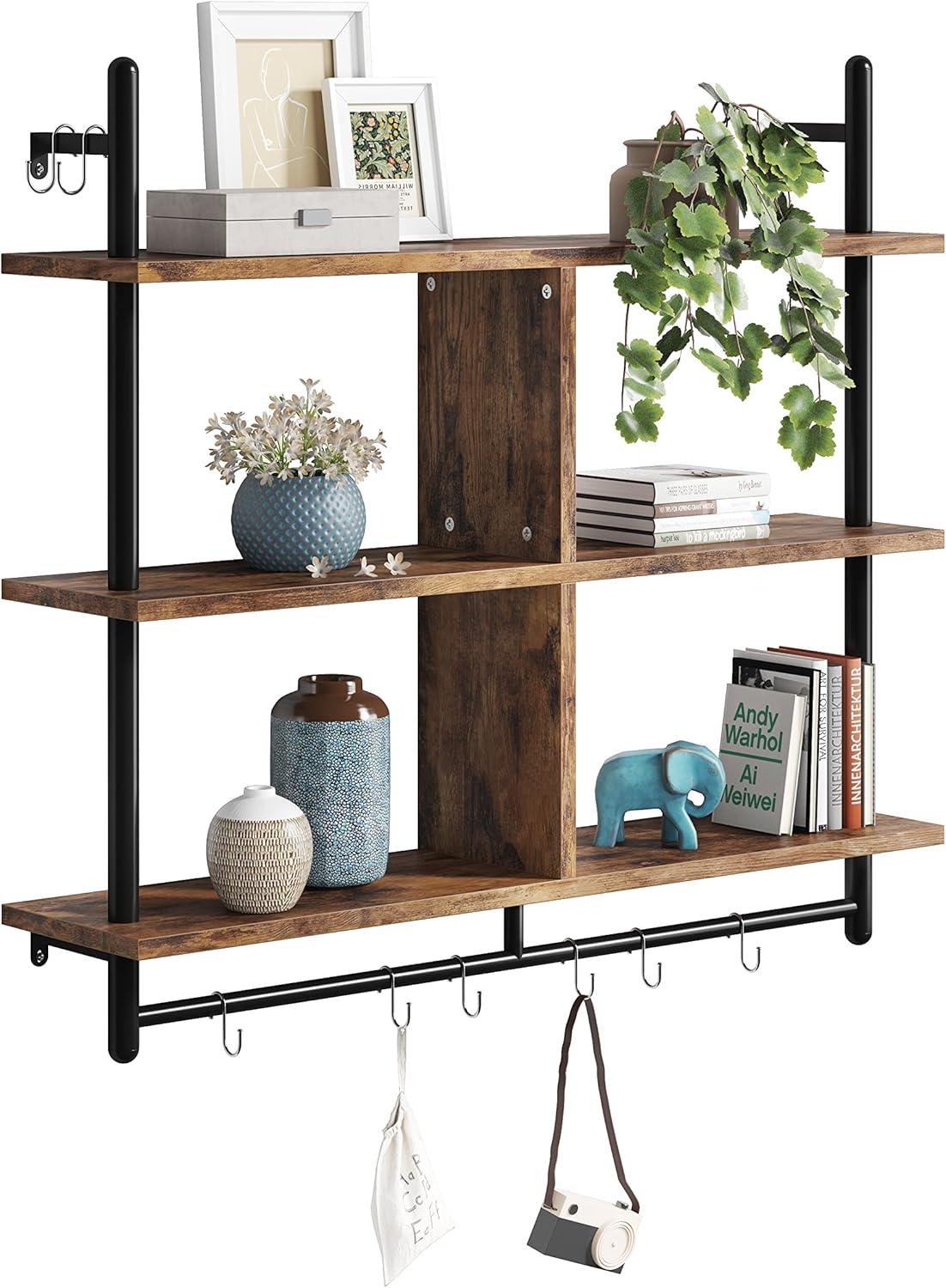 Bestier 41" Industrial Pipe Shelves Wall Mount, 3-Tier Floating Shelves for Kitchen Bedroom Bathroom in Rustic