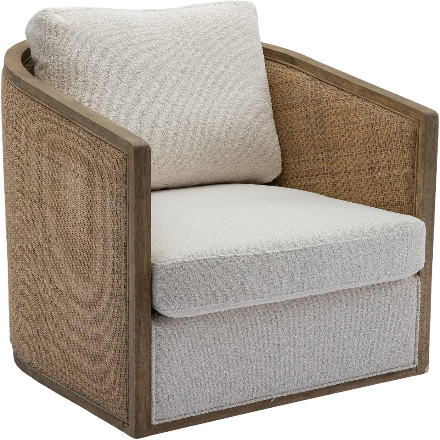 Beige Velvet Swivel Barrel Accent Chair with Light Wood Frame