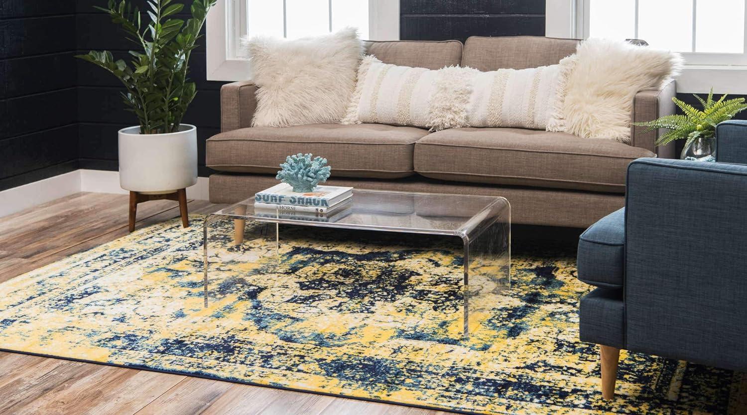 Navy Blue and Yellow Synthetic Reversible Area Rug