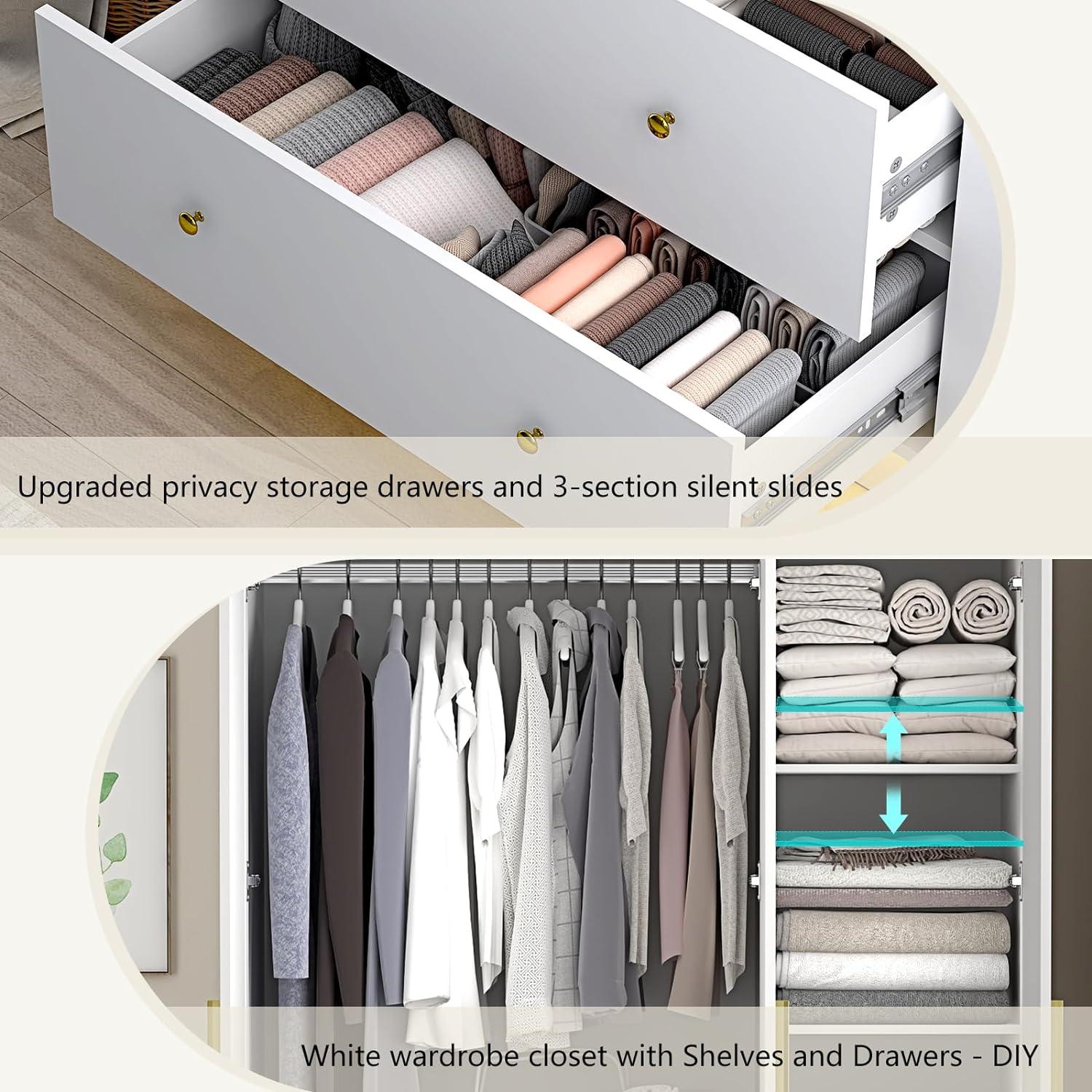 Armoire Wardrobe Closet With Mirror & Led Light, 4 Door Wooden Storage Cabinet With Drawers, Spacious Armoire With Hanging Rod & Adjustable Shelves