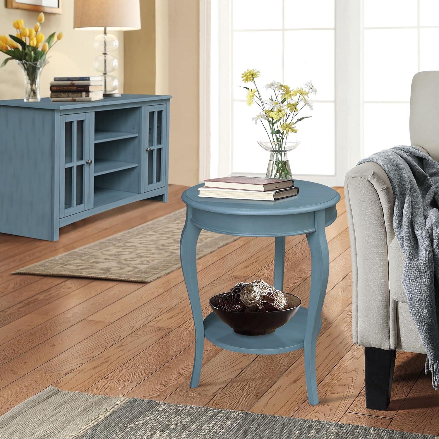 Cambria Ocean Blue Antique-Rubbed Solid Parawood Round End Table