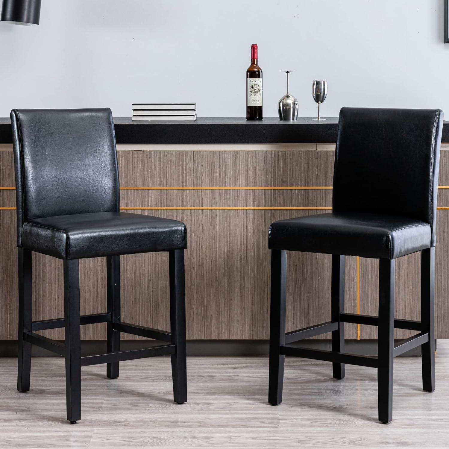 Black Faux Leather and Wood Counter Height Stools, Set of 2