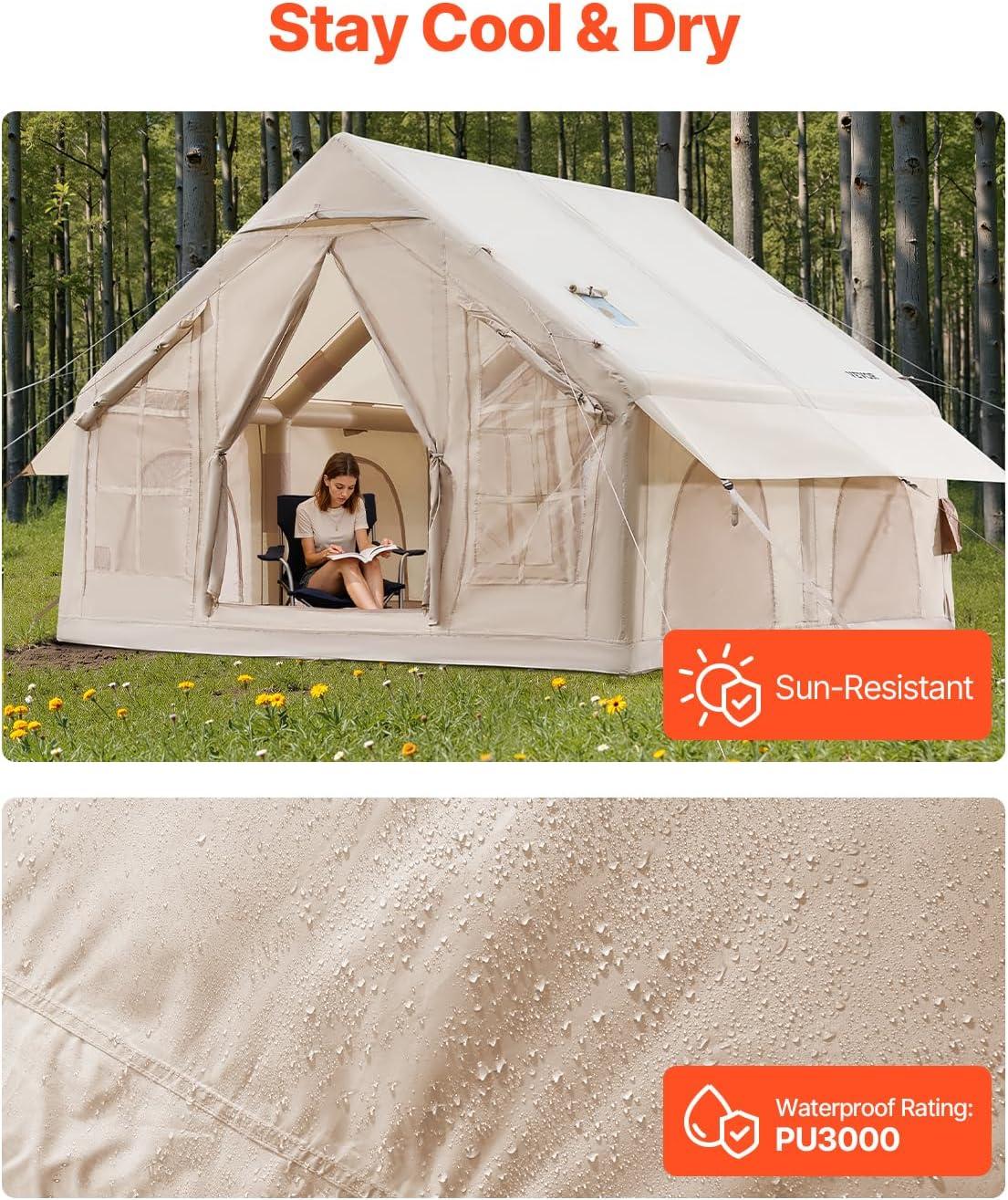 VEVOR Inflatable Tents for Camping, 4-6 Person Easy Setup Blow up Tent with Hand Pump,300D Oxford 4 Season Glamping Tent with Stove Jack 2 Doors & 4 Mesh Windows,Storage Bag Included for Easy Taking