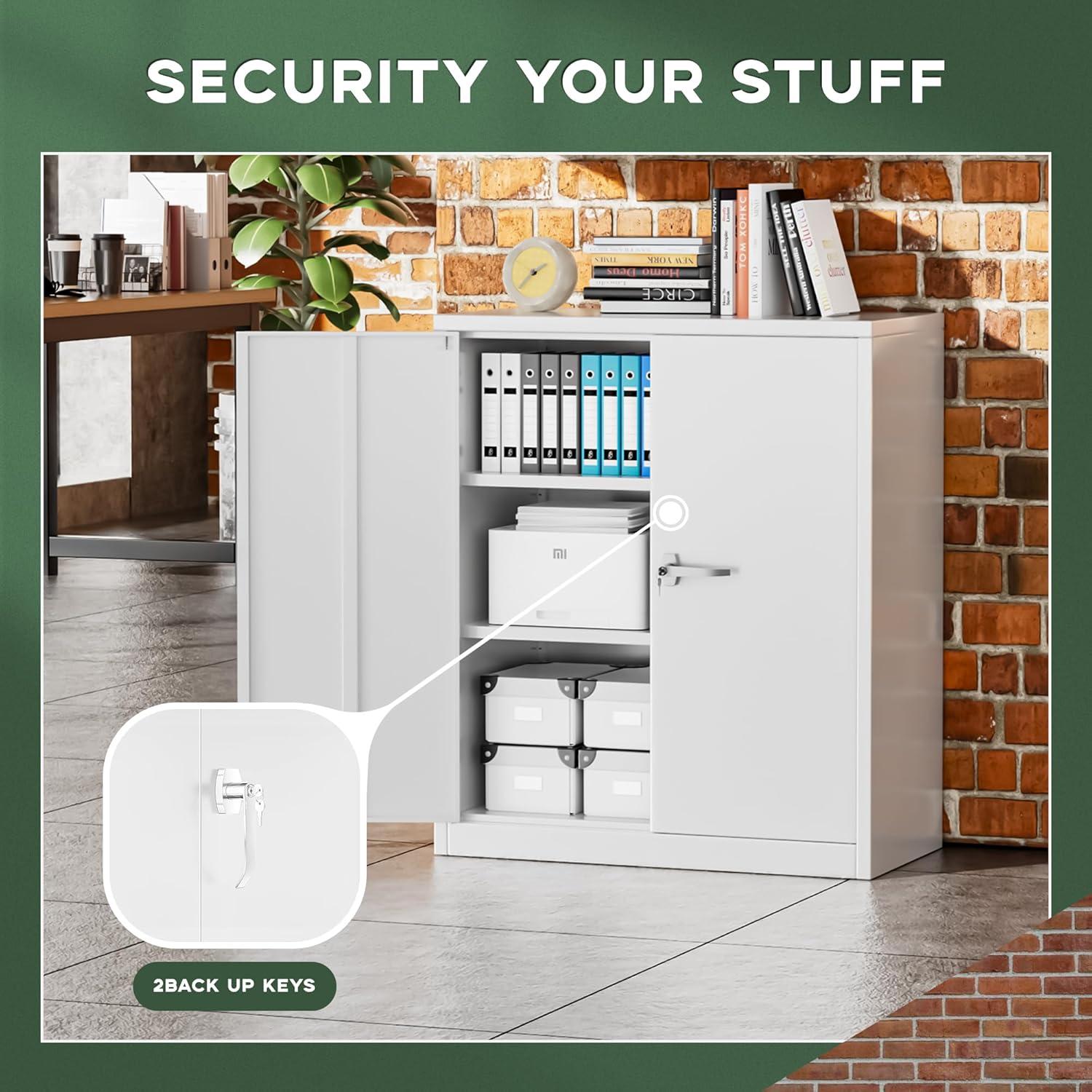Greenvelly Metal Storage Cabinet with Lock, 36" Metal Locking Storage Cabinet with Doors and 2 Adjustable Shelves, Lockable Steel Cabinets for Office,Garage, Home, School (White)