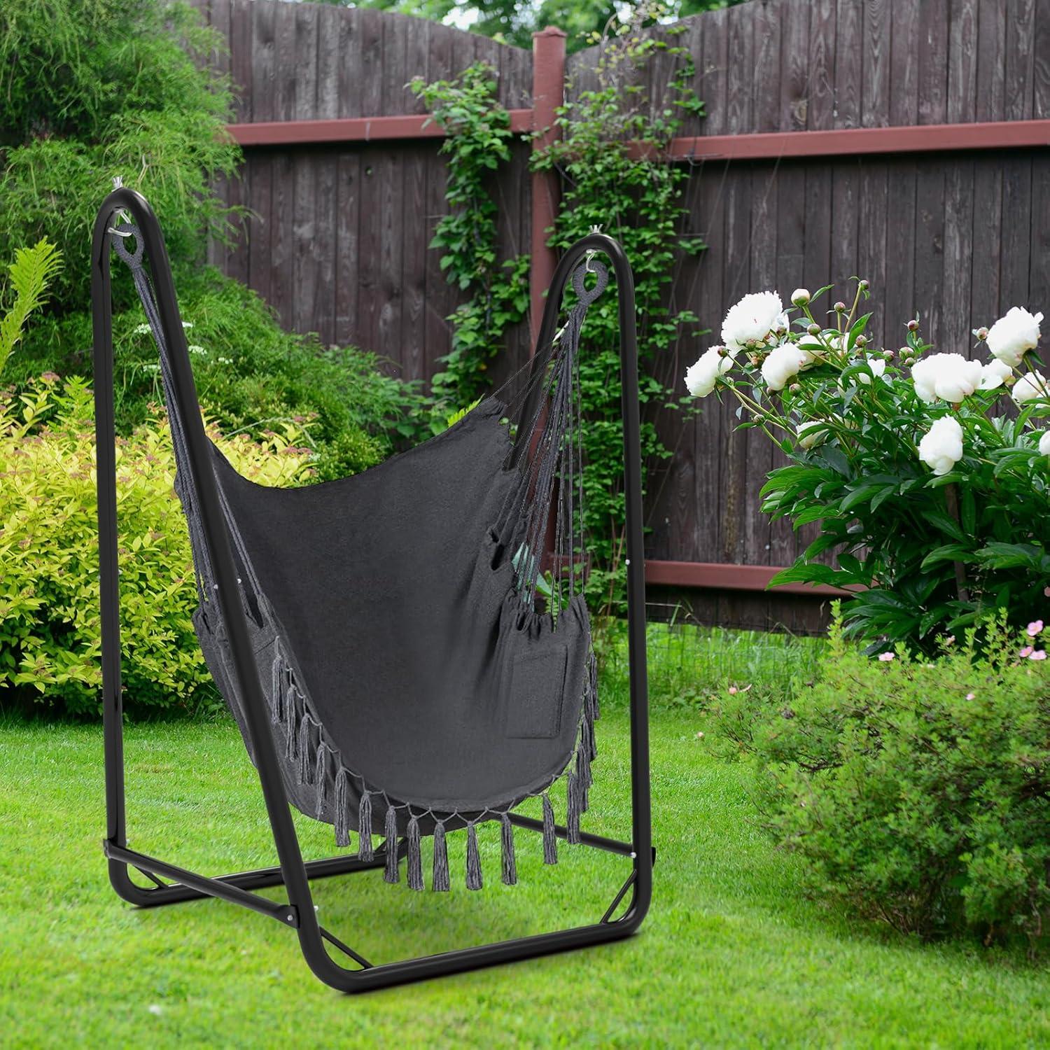 Gray Cotton U-Shaped Hammock Chair with Stand