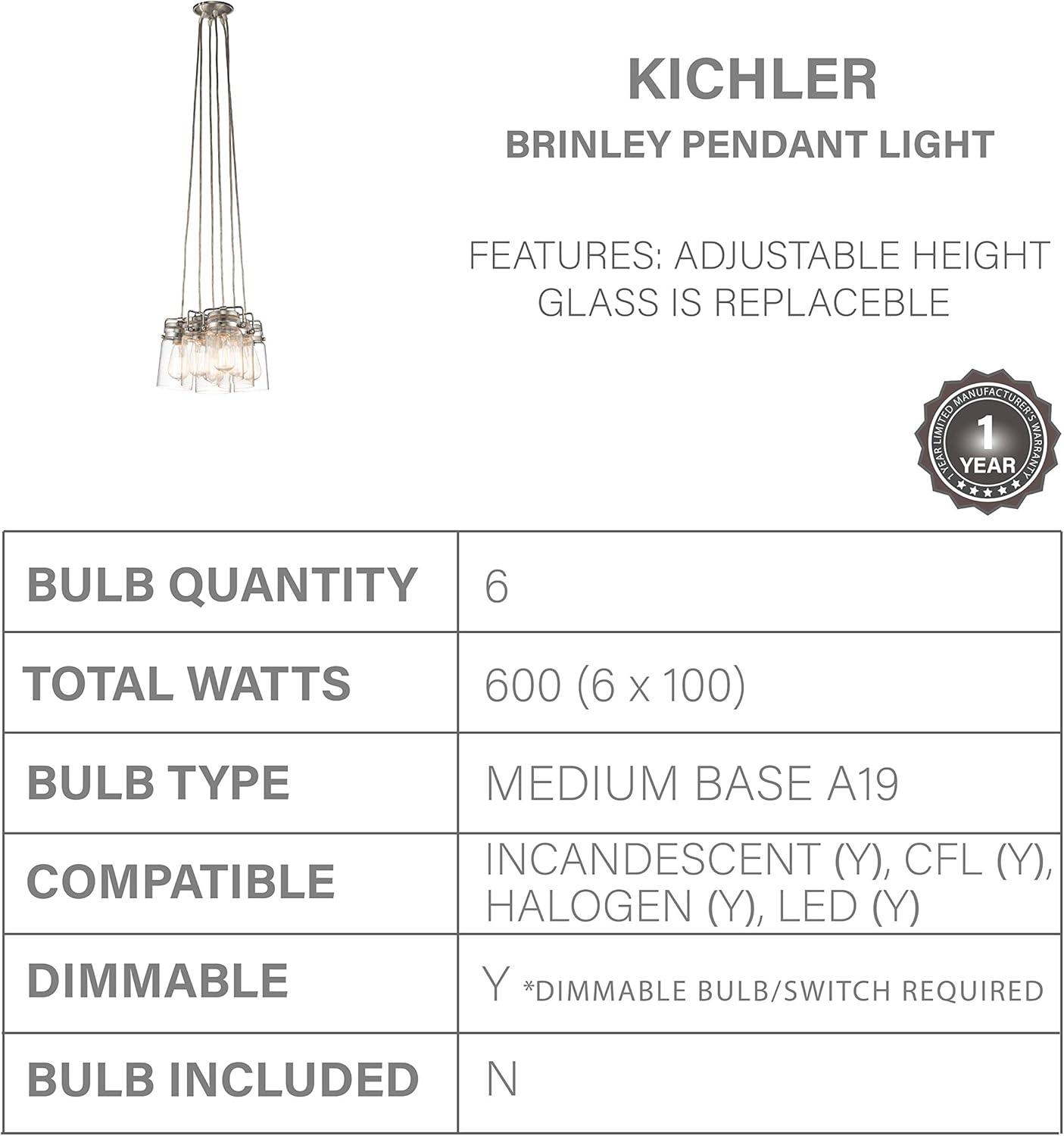 Brinley 7.75" 6 Light Pendant with Clear Glass Brushed Nickel