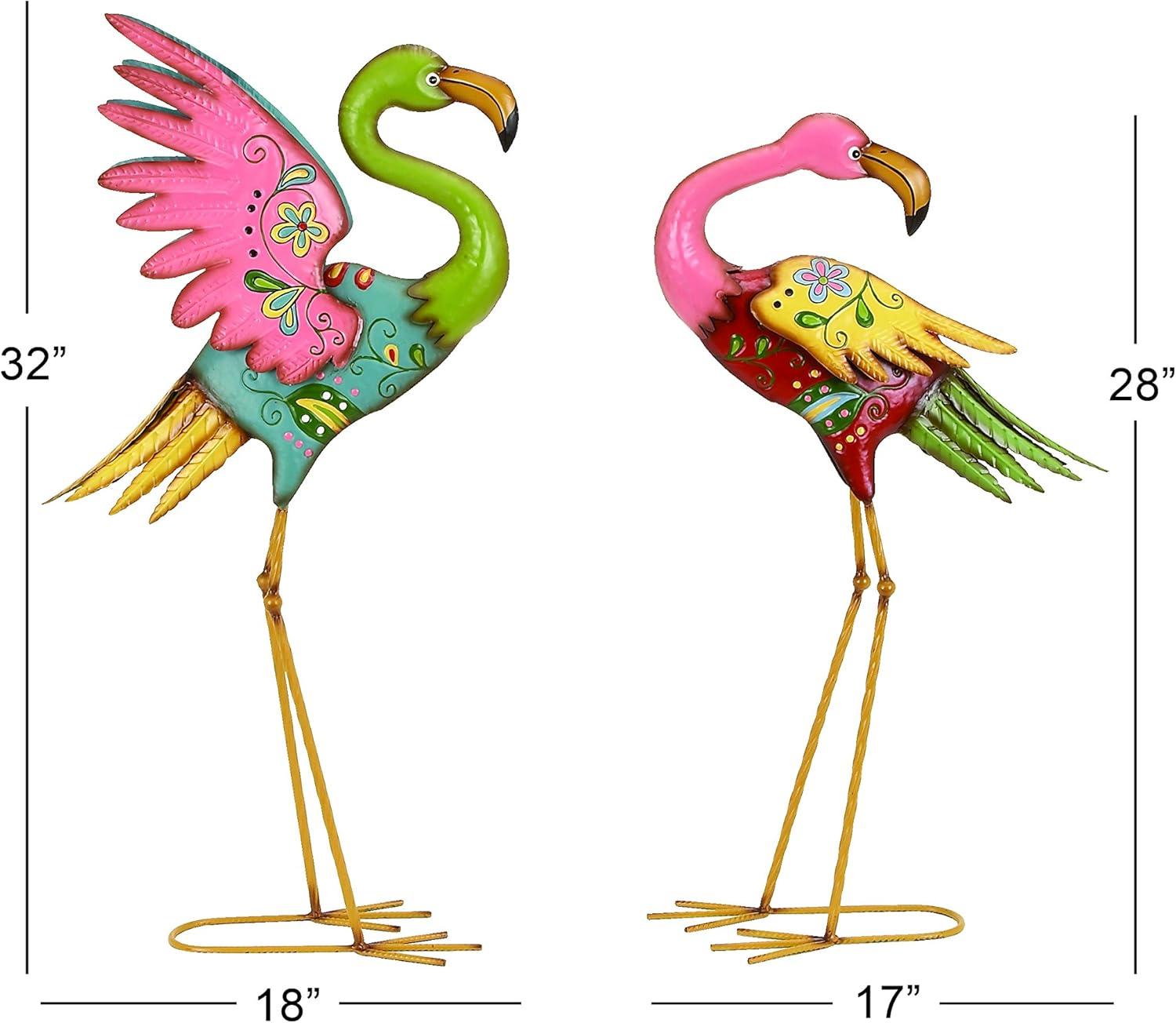 28" Multicolor Hand-Painted Metal Flamingo Garden Sculptures, Set of 2