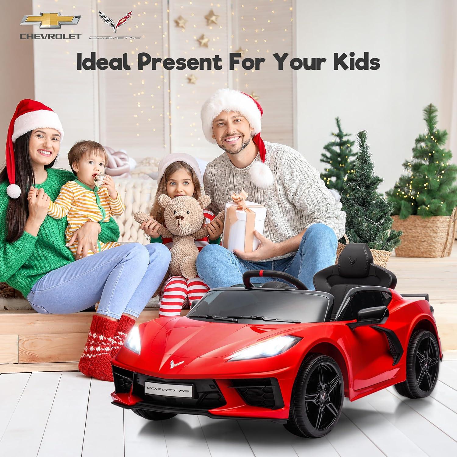 FUNTOK Licensed Chevrolet Corvette C8 12V Kids Electric Ride on Car Toy, Battery Powered Car Truck with Remote Control, Bluetooth, 3 Speeds, LED Headlight, Music Player & Spring Suspension, Red