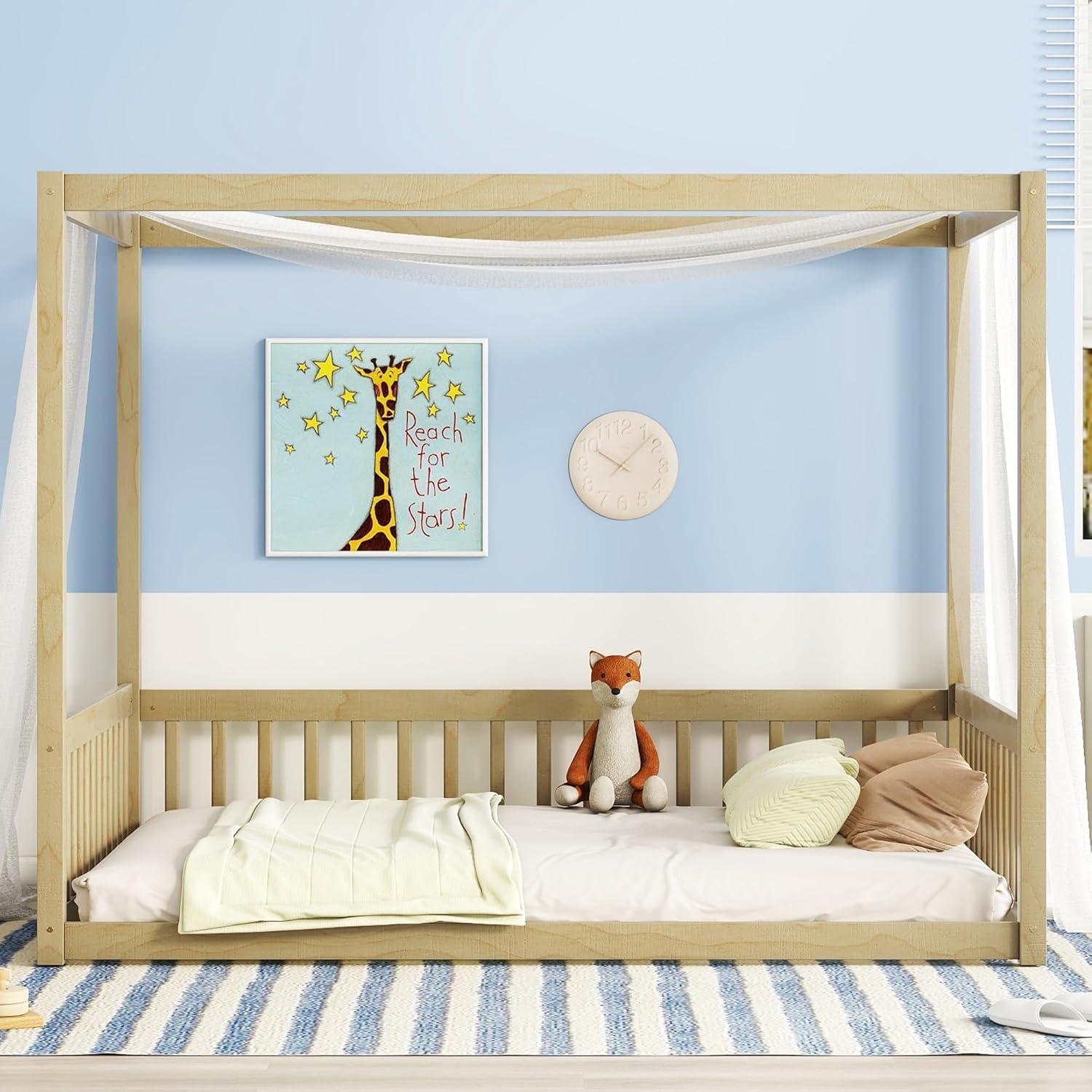 Canopy Frame Twin Size Floor Bed for Kids Bedroom,Wood Bed Frame with Fence for Boys/Girls/Teens,No Box Spring Needed,Natural
