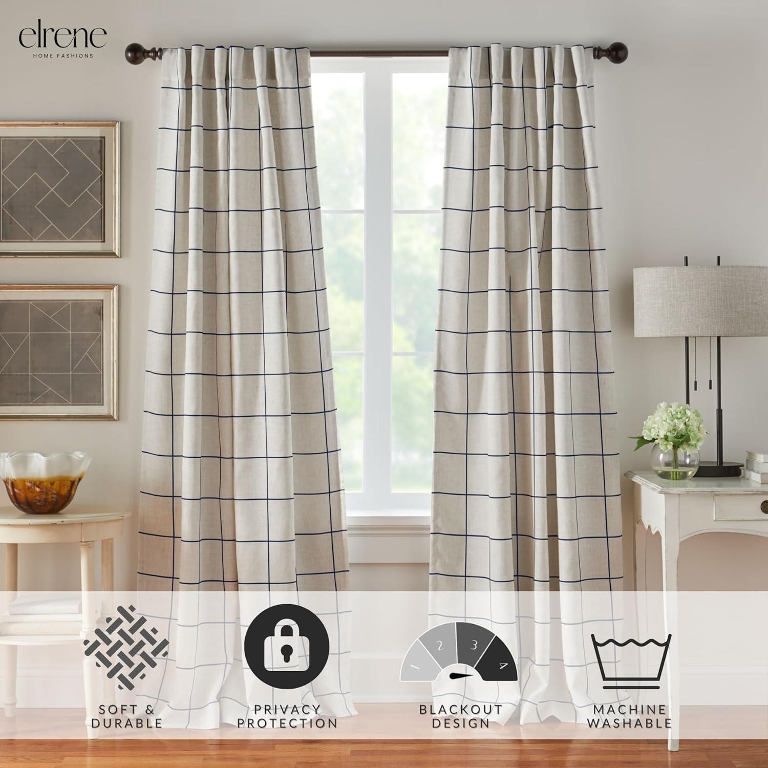 Brighton Windowpane Plaid Lined Room Darkening Single Window Curtain Panel  - 52" x 84" - Indigo - Elrene Home Fashions