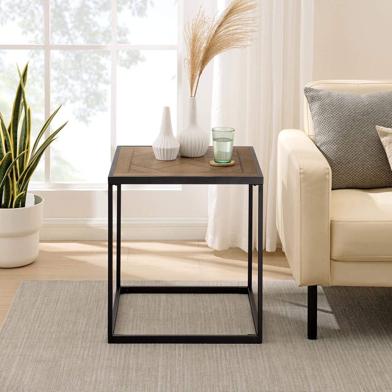 Walker Edison Urban 20" Parquet-Top Metal Square Side Table, Parquet Veneer
